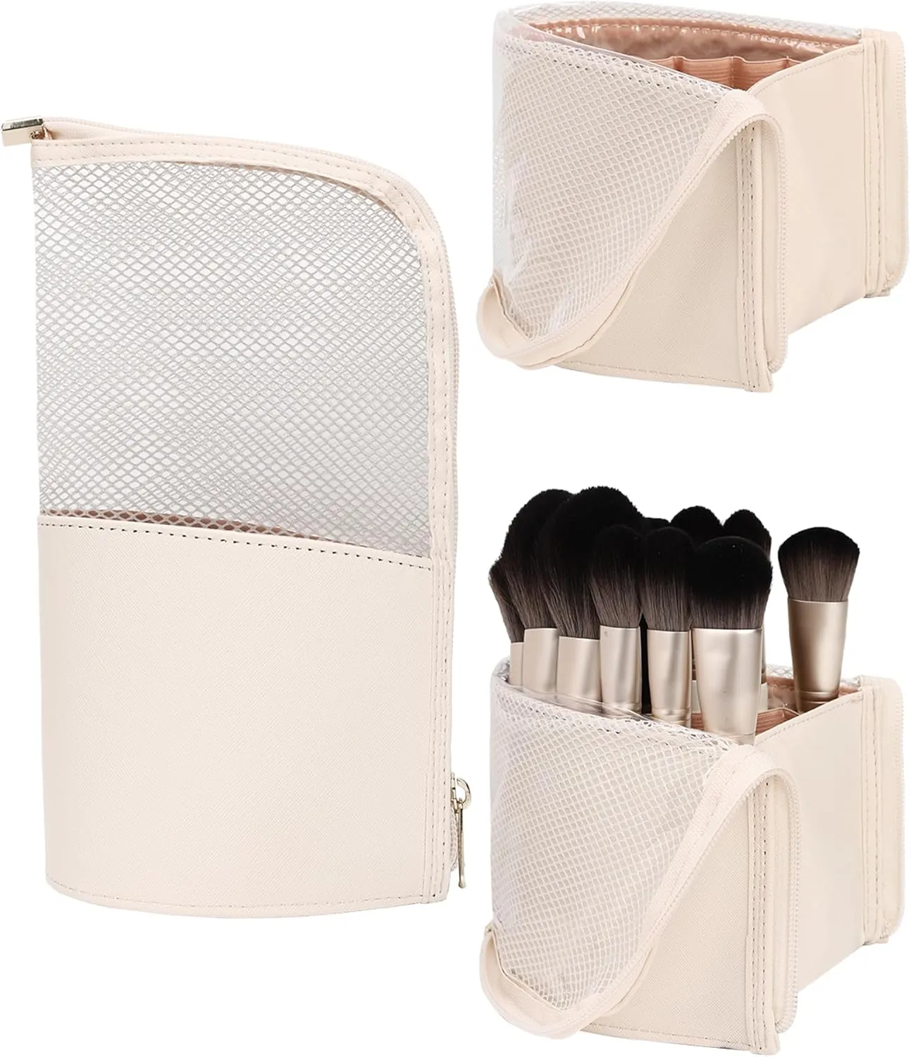 MONSTINA Makeup Brush Holder Bag,Portable Make-up Brush Organizer Bag Waterproof Stand-Up Makeup Brush Pouch,Professional Artist Makeup Case,Extral Large,Beige
