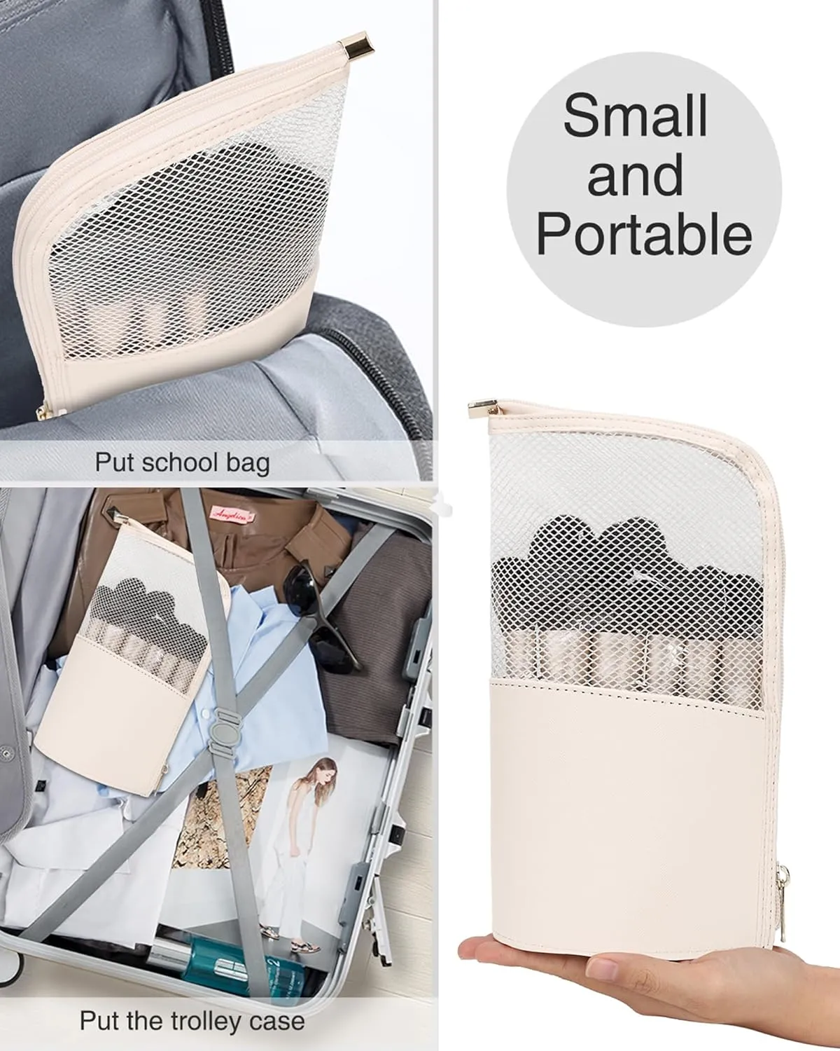 MONSTINA Makeup Brush Holder Bag,Portable Make-up Brush Organizer Bag Waterproof Stand-Up Makeup Brush Pouch,Professional Artist Makeup Case,Extral Large,Beige