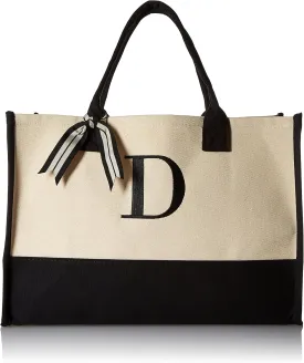 Mud Pie Classic Black and White Initial Canvas Tote Bags (D), 100% Cotton, 17" x 19" x 2"