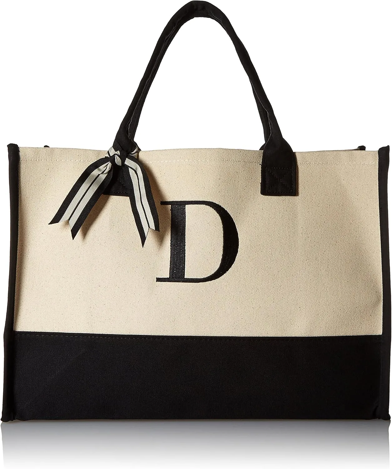 Mud Pie Classic Black and White Initial Canvas Tote Bags (D), 100% Cotton, 17" x 19" x 2"