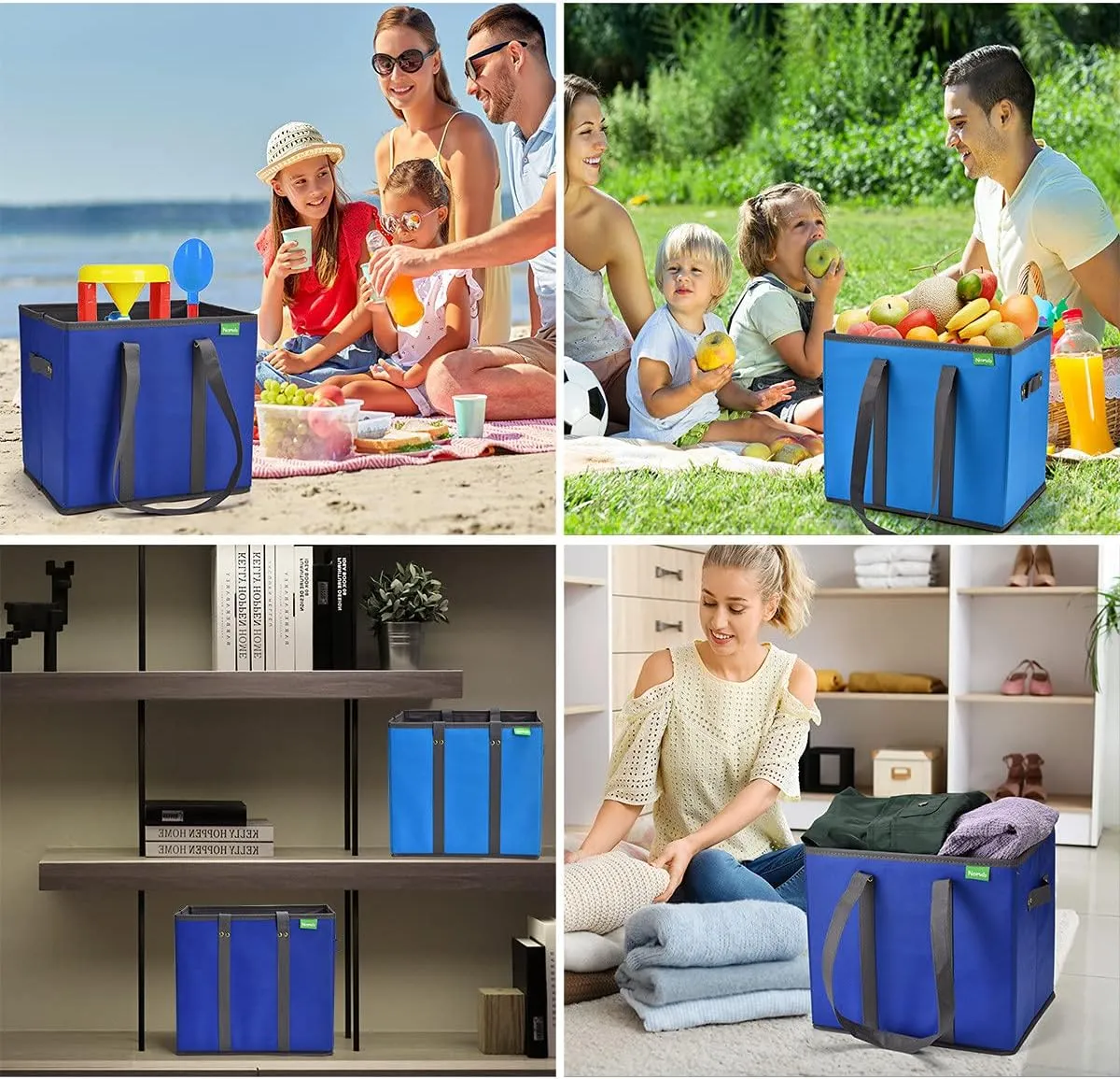 NERUB Reusable Grocery Bags Shopping Bags Grocery Tote Bag with Reinforced Bottom Heavy Duty Handles (Set of 3, Blue/Gray/Wave)