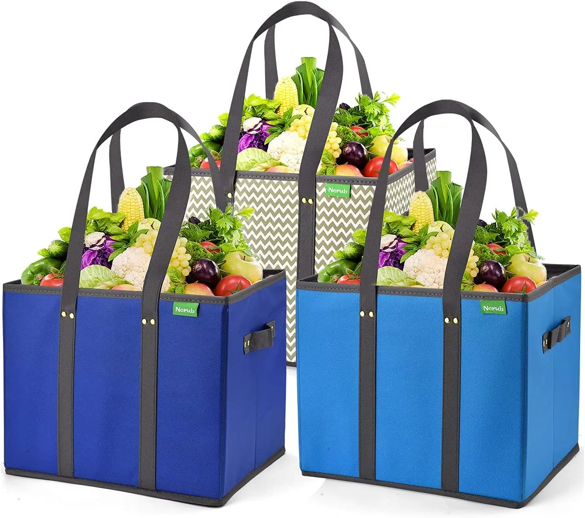 NERUB Reusable Grocery Bags Shopping Bags Grocery Tote Bag with Reinforced Bottom Heavy Duty Handles (Set of 3, Blue/Gray/Wave)