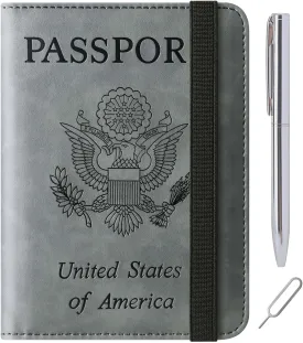 Passport Holder Cover Wallet Travel Essentials Leather Rfid Blocking Case Vacation Luggage Must Haves Travel Accessories for Men Women (116#Grey)