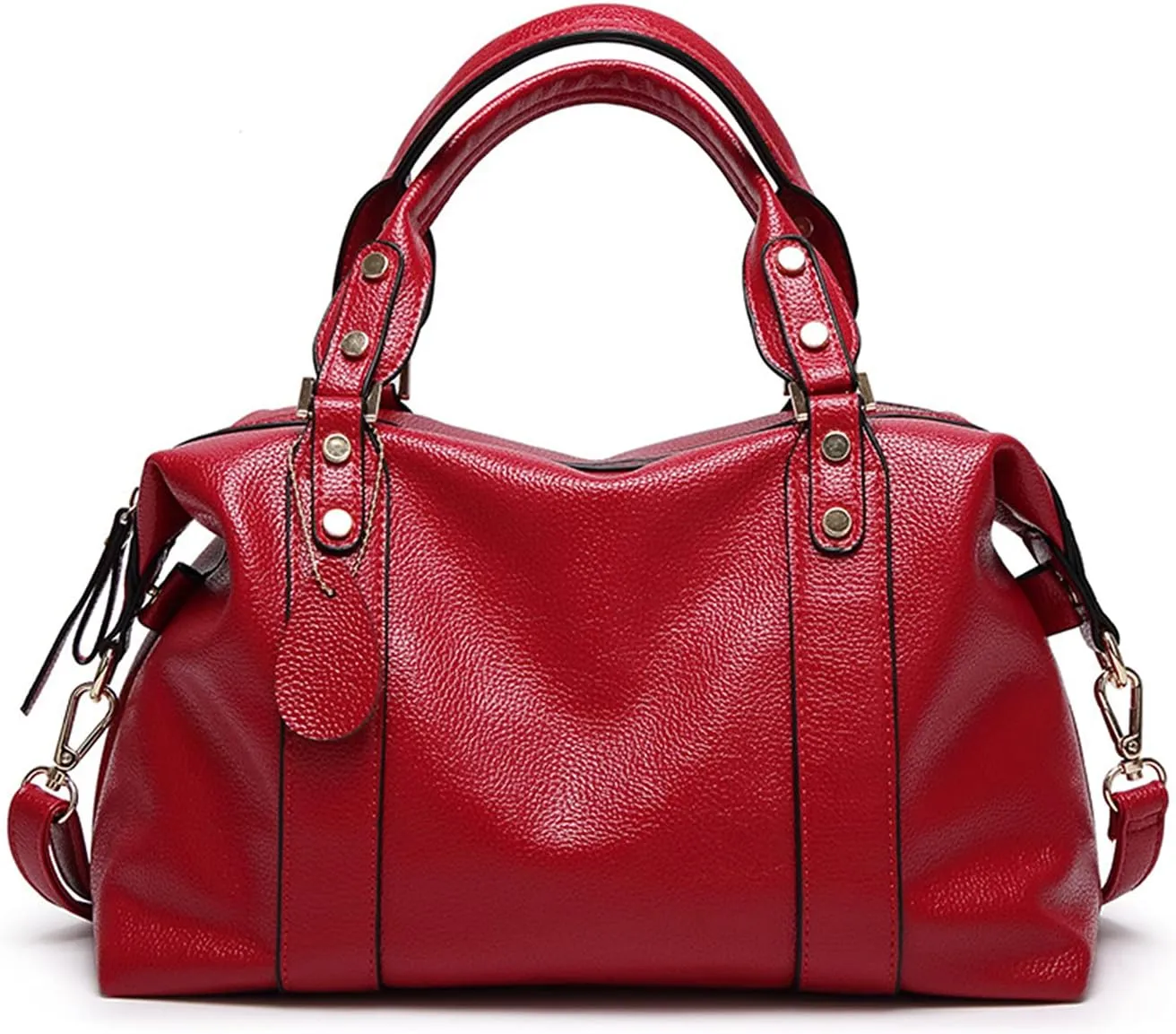 PORRASSO Elegant Ladies Shoulder Crossbody Top-Handle Work Travel Dating Boston Bag - Red, Waterproof PU Leather