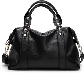 PORRASSO Elegant Ladies Shoulder Crossbody Top-Handle Work Travel Dating Boston Bag - Waterproof PU Leather Black