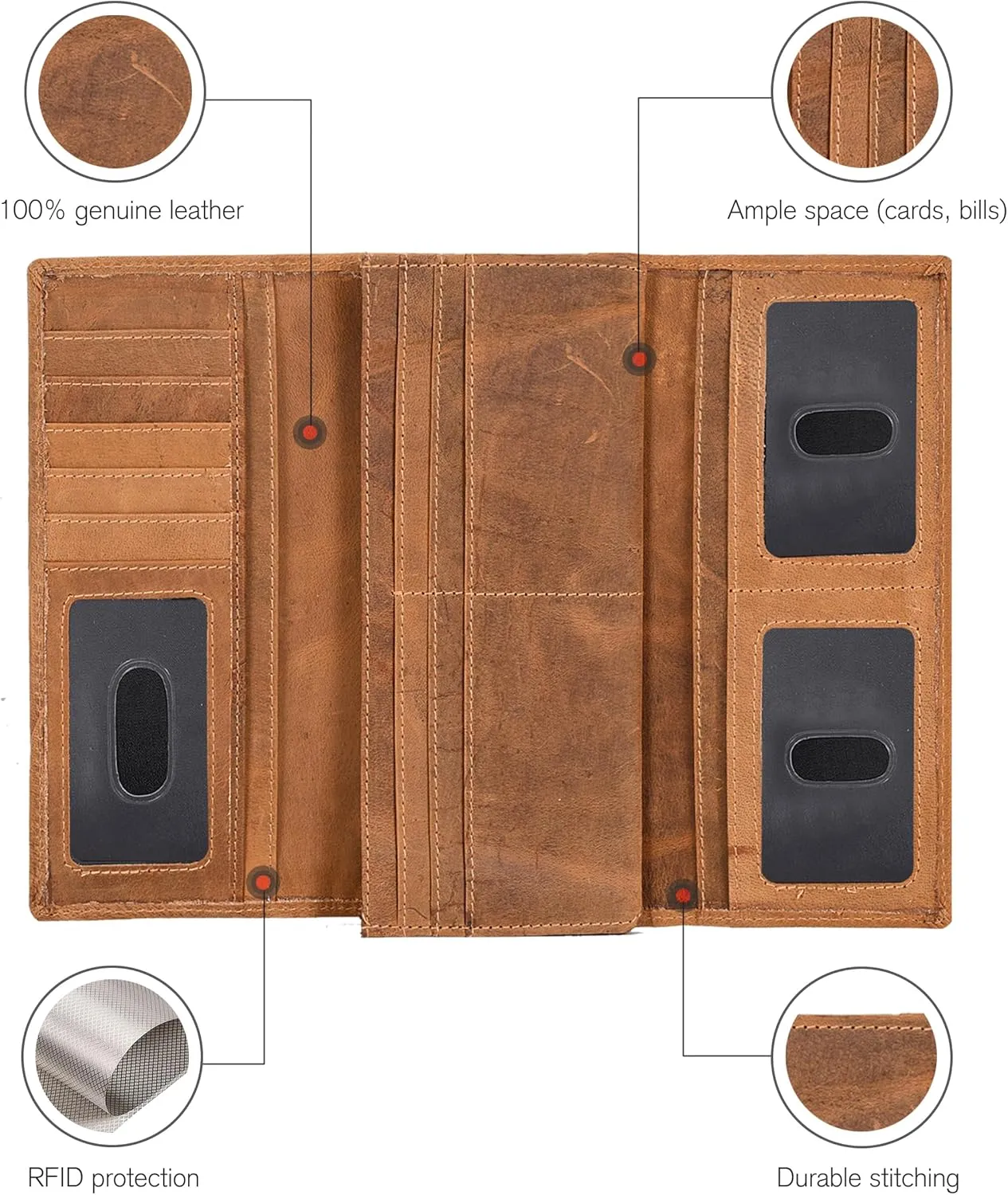 Real Leather Women Wallet Leather with RFID Blocking -Trifold Card Holder Designer Ladies Clutch with ID Window Wallets
