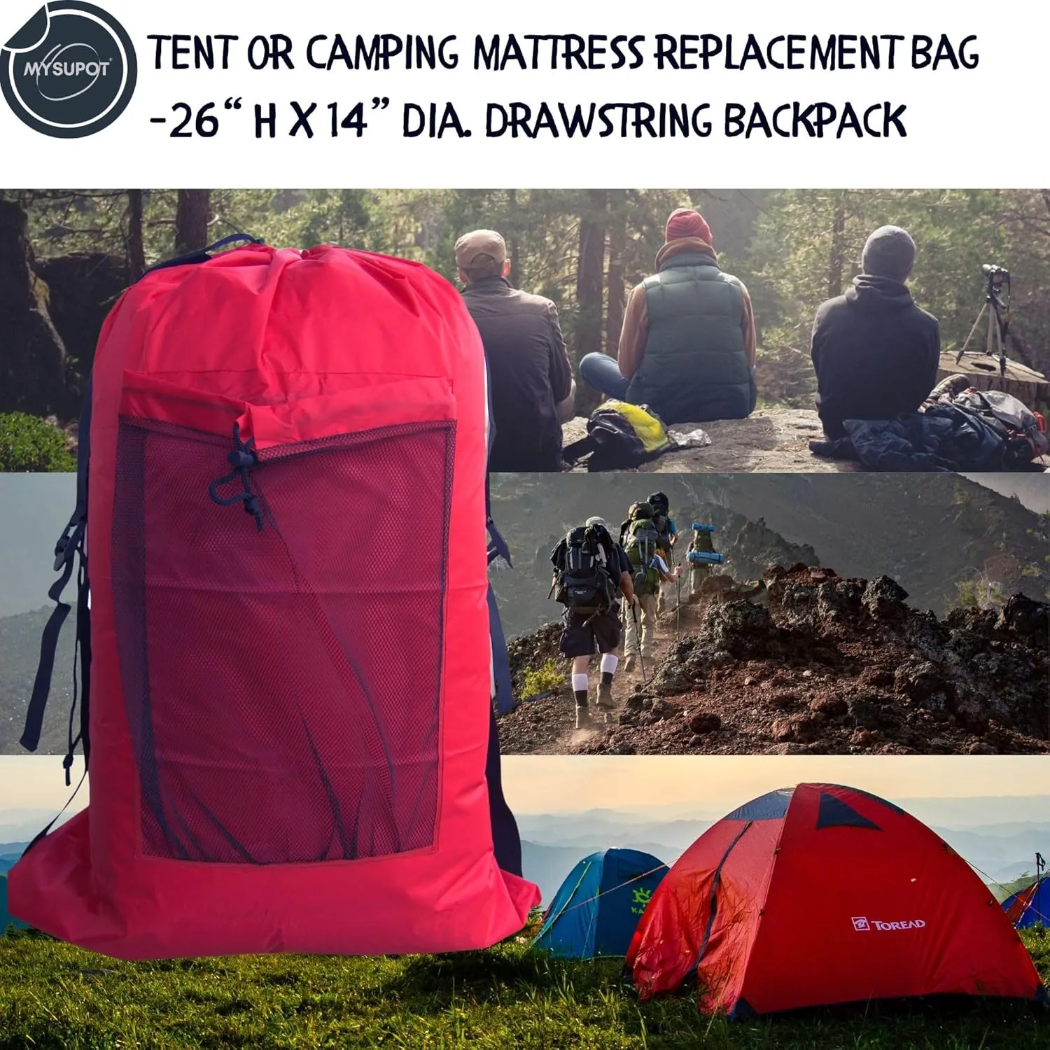 RED (26" H x 14" Dia.) Tent Replacement Bag, Tent Bag. Also, for Flip Seat, Bleacher Seat, Booster Seat, Stroller, Laundry, & Camping. 420D Polyester w/Adjustable Straps & Mesh Pocket.