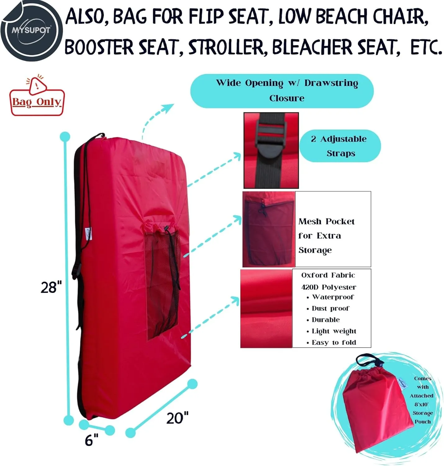 RED (26" H x 14" Dia.) Tent Replacement Bag, Tent Bag. Also, for Flip Seat, Bleacher Seat, Booster Seat, Stroller, Laundry, & Camping. 420D Polyester w/Adjustable Straps & Mesh Pocket.