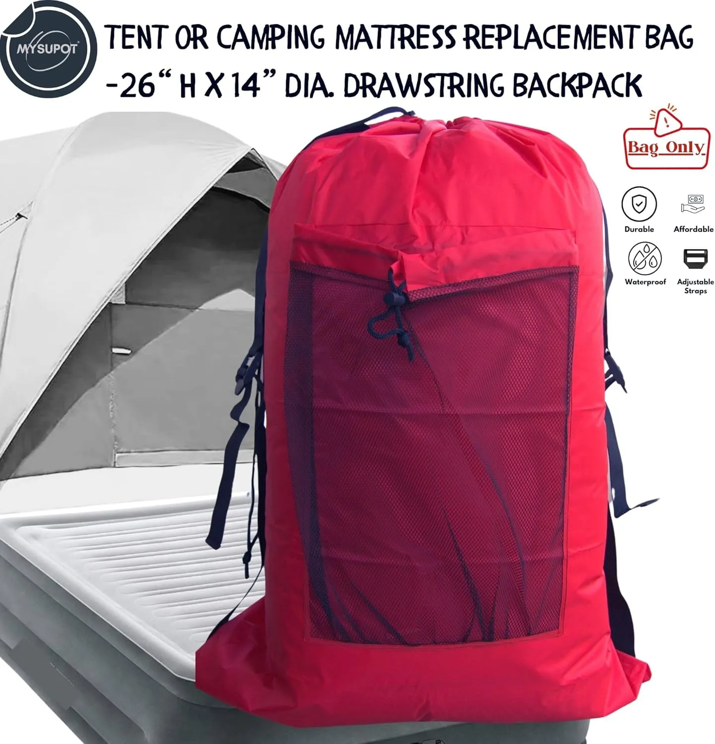 RED (26" H x 14" Dia.) Tent Replacement Bag, Tent Bag. Also, for Flip Seat, Bleacher Seat, Booster Seat, Stroller, Laundry, & Camping. 420D Polyester w/Adjustable Straps & Mesh Pocket.