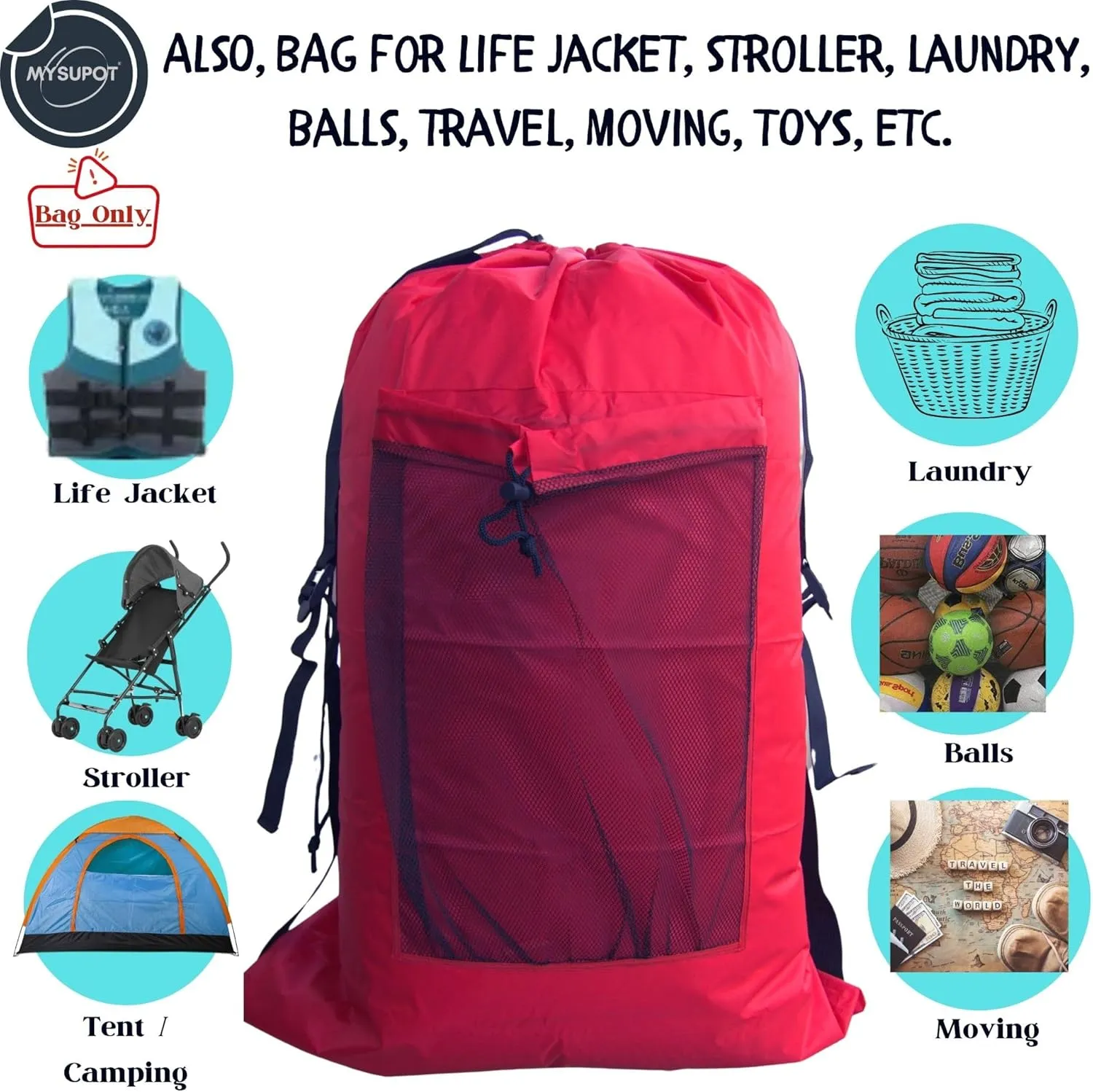 RED (26" H x 14" Dia.) Tent Replacement Bag, Tent Bag. Also, for Flip Seat, Bleacher Seat, Booster Seat, Stroller, Laundry, & Camping. 420D Polyester w/Adjustable Straps & Mesh Pocket.