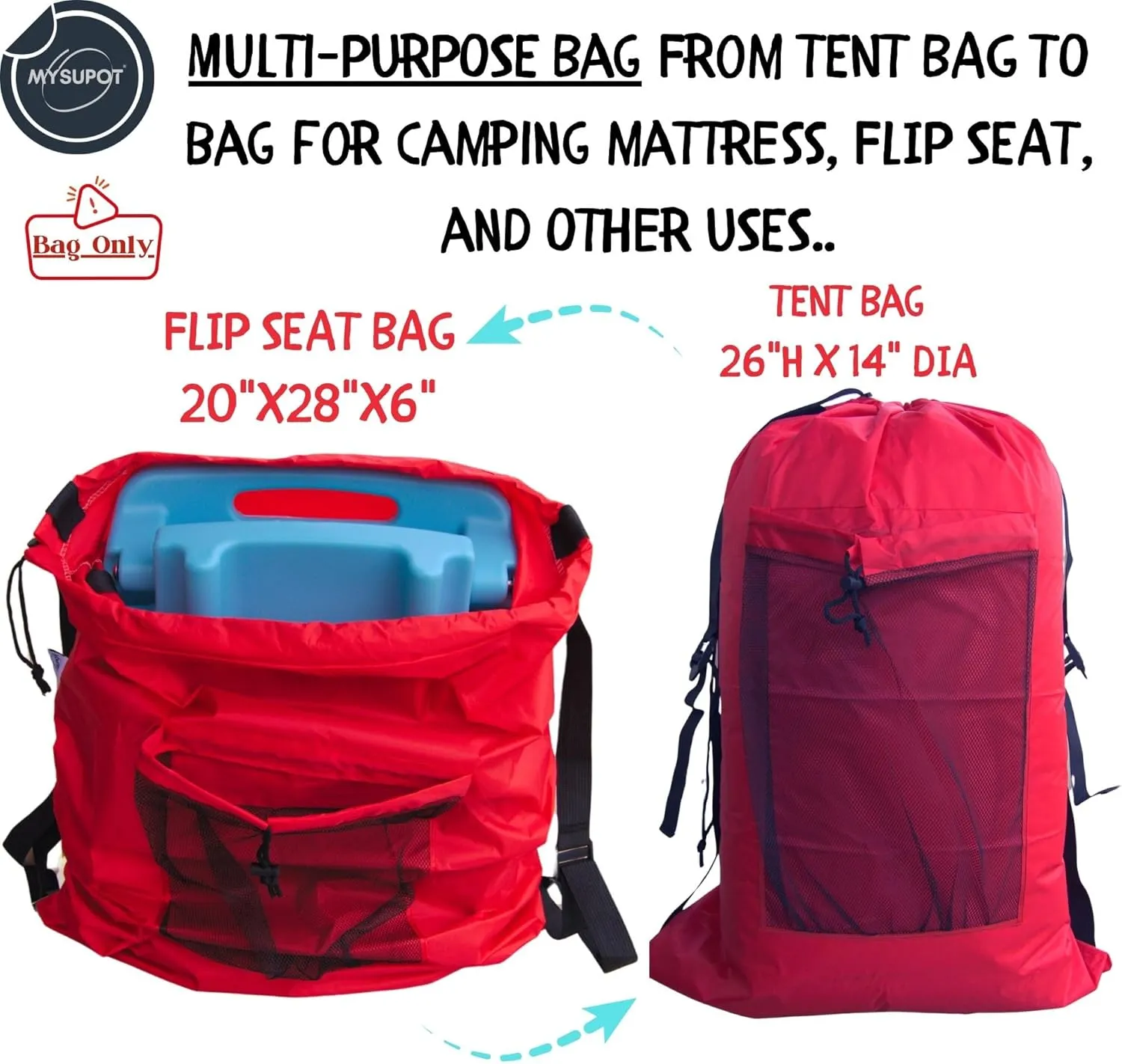 RED (26" H x 14" Dia.) Tent Replacement Bag, Tent Bag. Also, for Flip Seat, Bleacher Seat, Booster Seat, Stroller, Laundry, & Camping. 420D Polyester w/Adjustable Straps & Mesh Pocket.