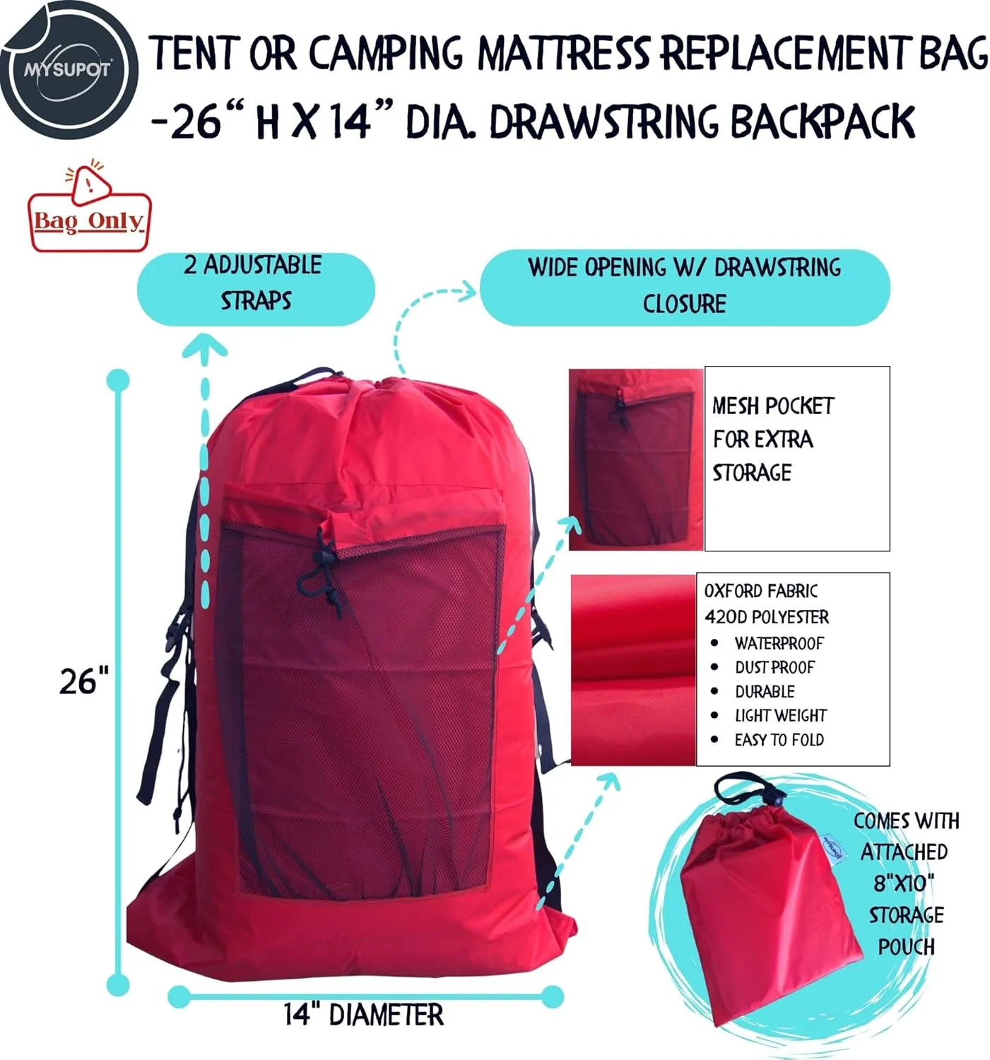 RED (26" H x 14" Dia.) Tent Replacement Bag, Tent Bag. Also, for Flip Seat, Bleacher Seat, Booster Seat, Stroller, Laundry, & Camping. 420D Polyester w/Adjustable Straps & Mesh Pocket.
