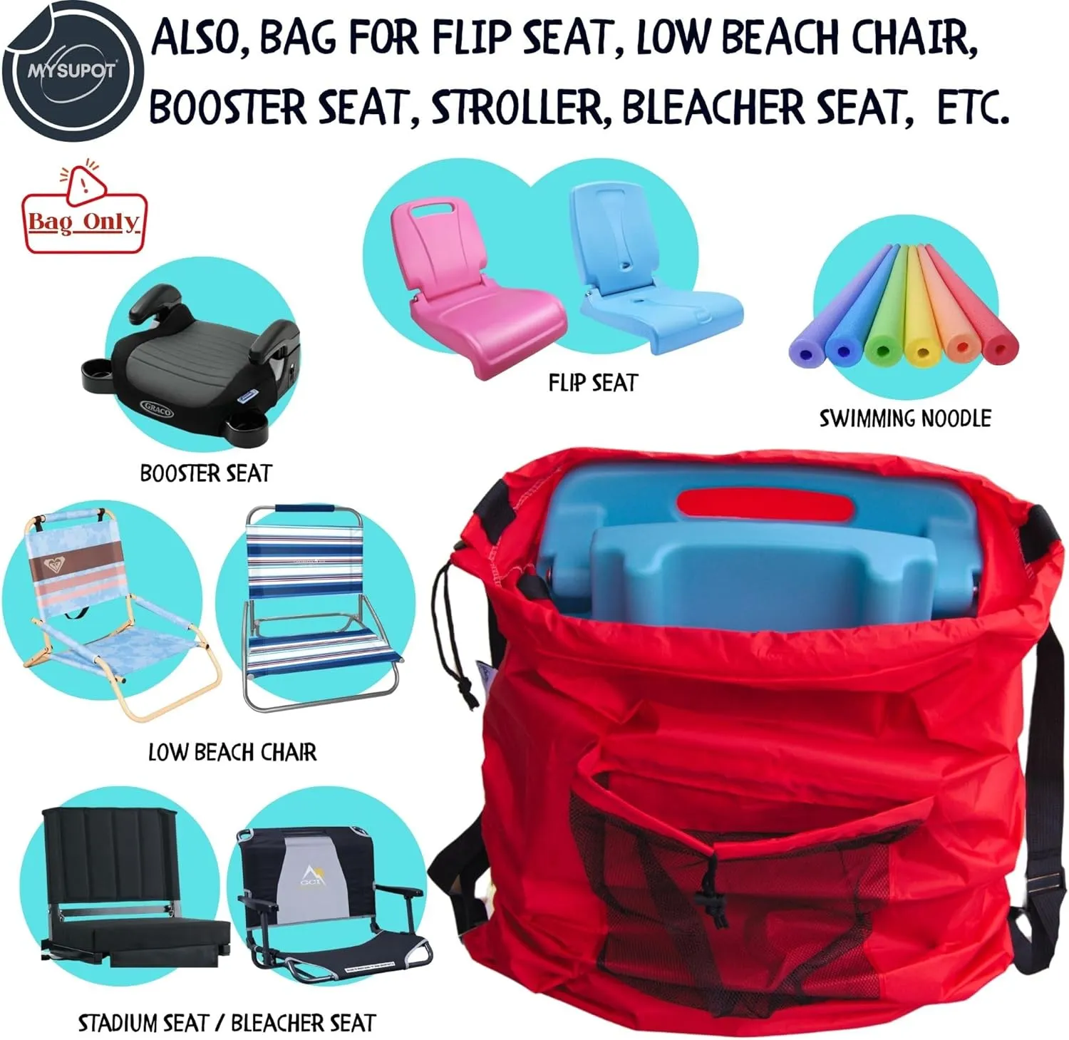 RED (26" H x 14" Dia.) Tent Replacement Bag, Tent Bag. Also, for Flip Seat, Bleacher Seat, Booster Seat, Stroller, Laundry, & Camping. 420D Polyester w/Adjustable Straps & Mesh Pocket.