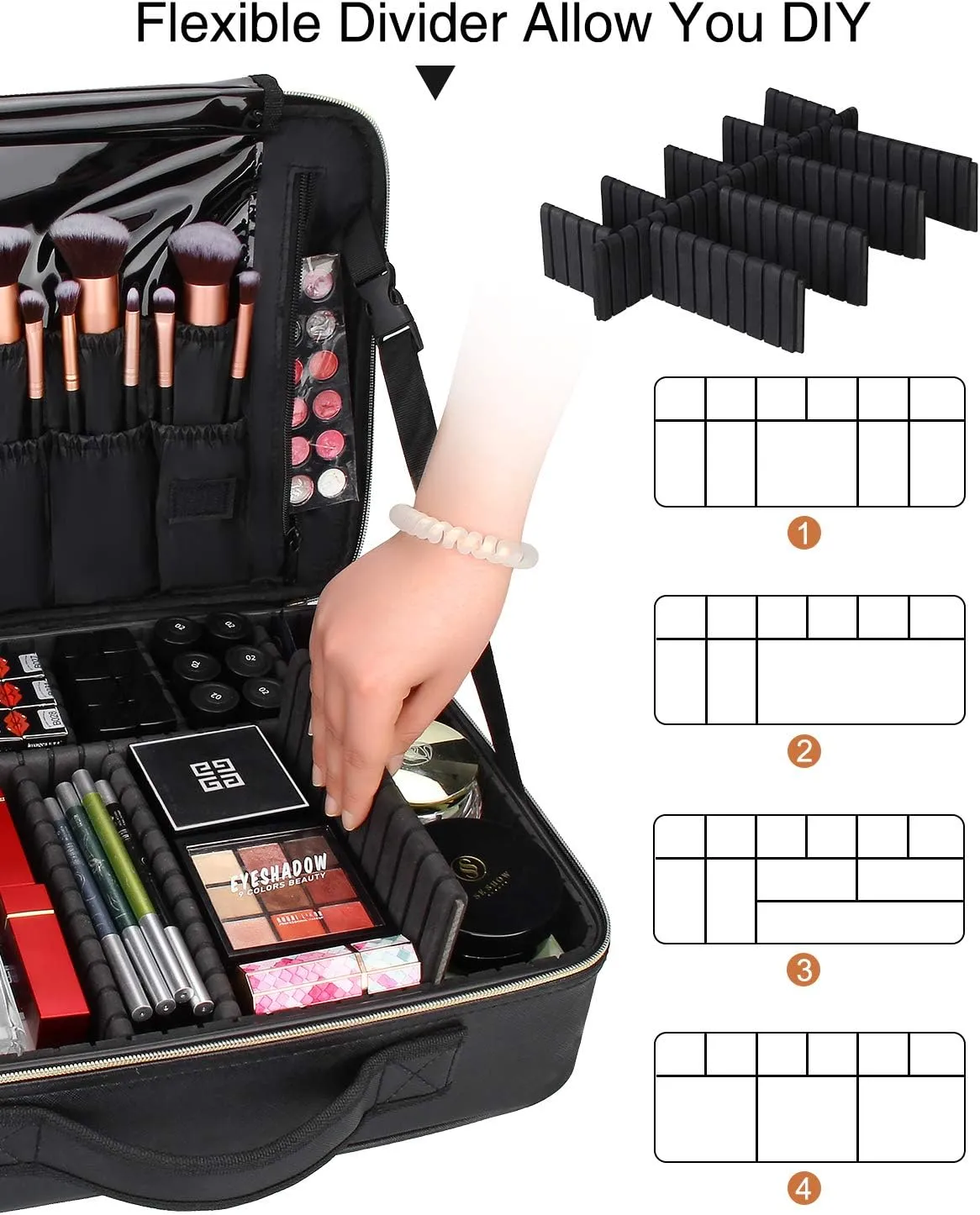 Relavel Makeup Case Large Makeup Bag Professional Train Case 16.5 inches Travel Cosmetic Organizer Brush Holder Waterproof Makeup Artist Storage Box, 3 Layer Large Capacity, with Adjustable Strap