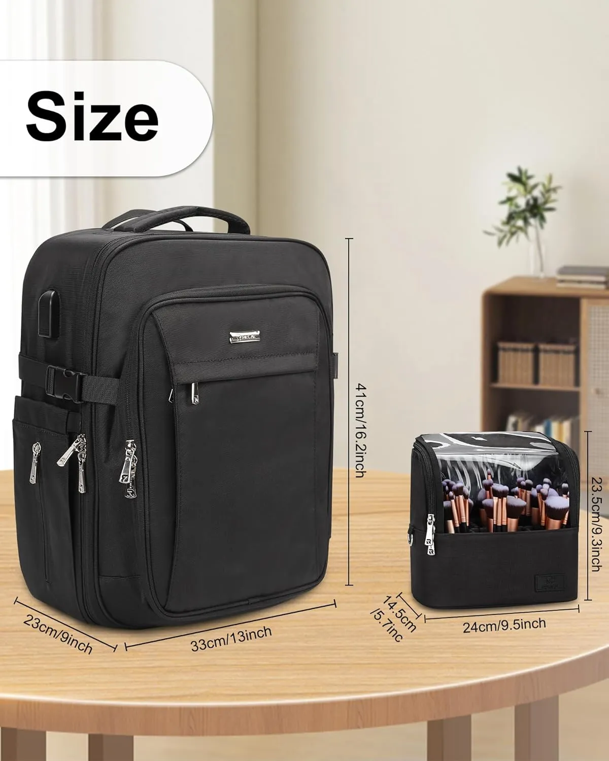 Relavel Professional Makeup Case Makeup Backpack and Makeup Brush Case for Makeup Artists, Durable Water-resistant Material, with Shoulder Strap and Adjustable Dividers Black