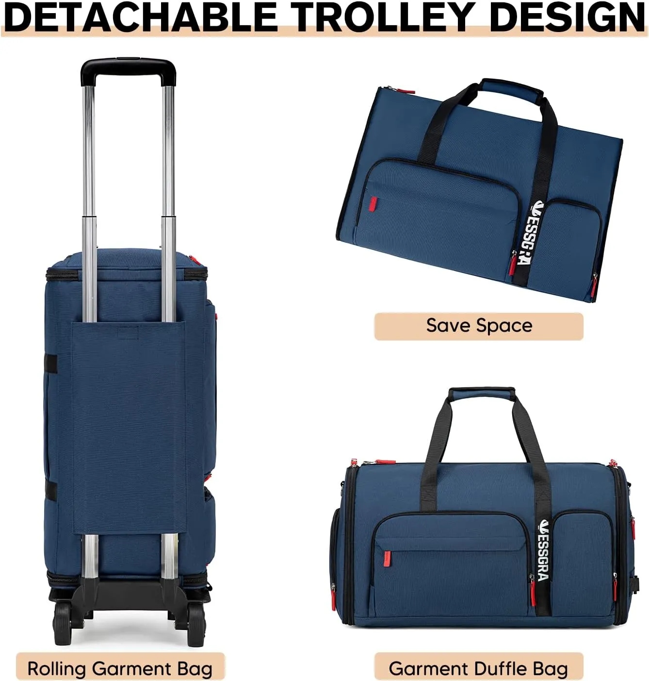 Rolling Garment Bags for Travel, Garment Bag with Wheels, Convertible Garment Duffel bag, Carry On Garment Bag with Shoe Compartment, Rolling Duffel Bag with Detachable Trolley System-Blue