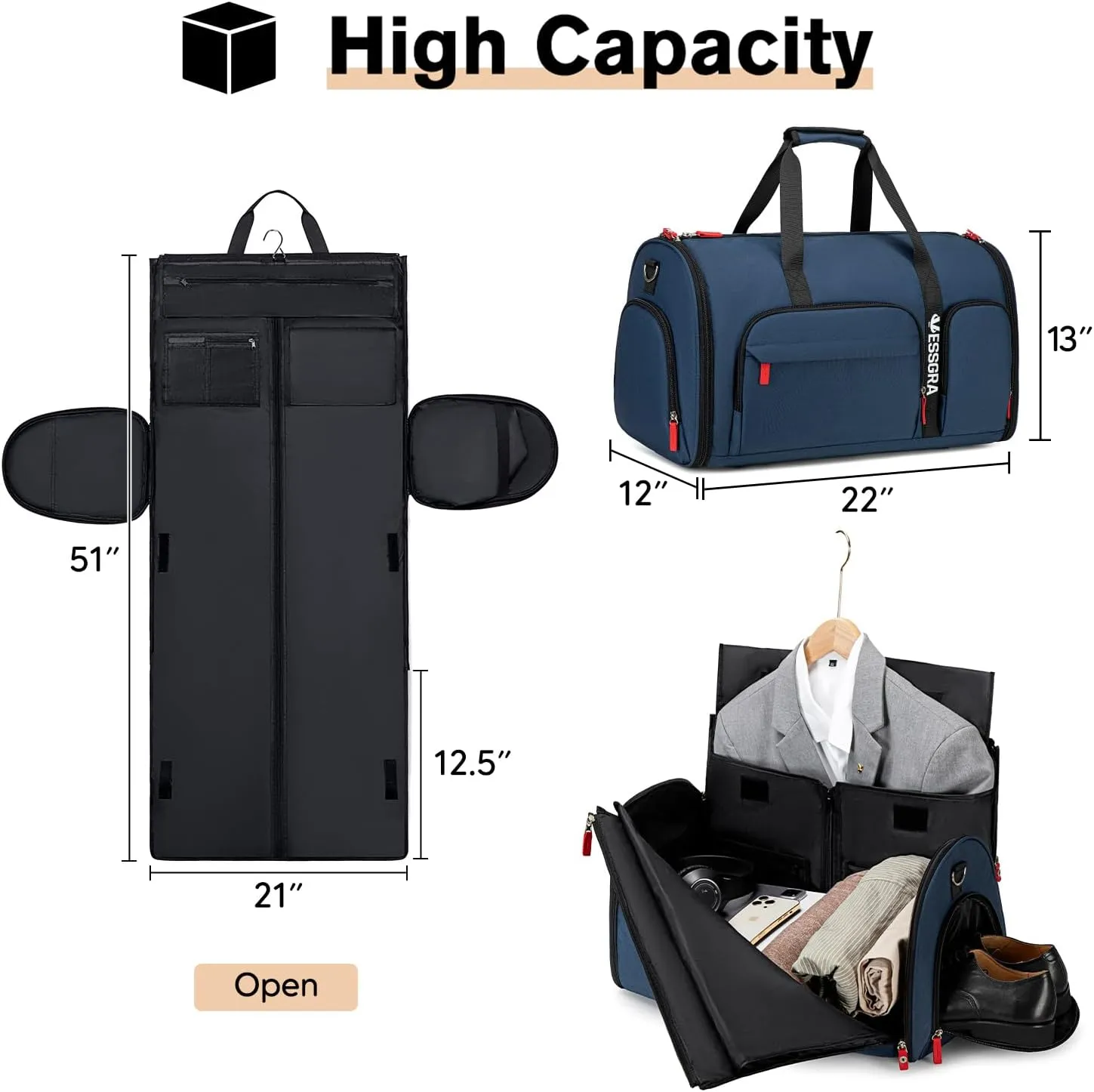 Rolling Garment Bags for Travel, Garment Bag with Wheels, Convertible Garment Duffel bag, Carry On Garment Bag with Shoe Compartment, Rolling Duffel Bag with Detachable Trolley System-Blue