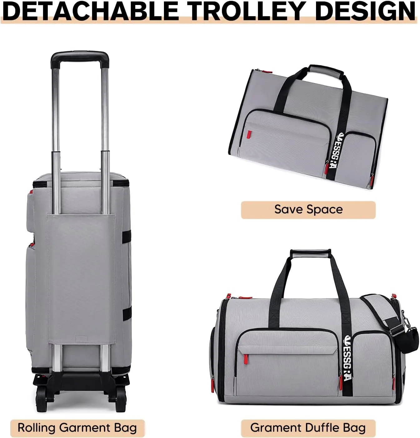 Rolling Garment Bags for Travel, Garment Bag with Wheels, Convertible Garment Duffel bag, Carry On Garment Bag with Shoe Compartment, Rolling Duffel Bag with Detachable Trolley System-Grey