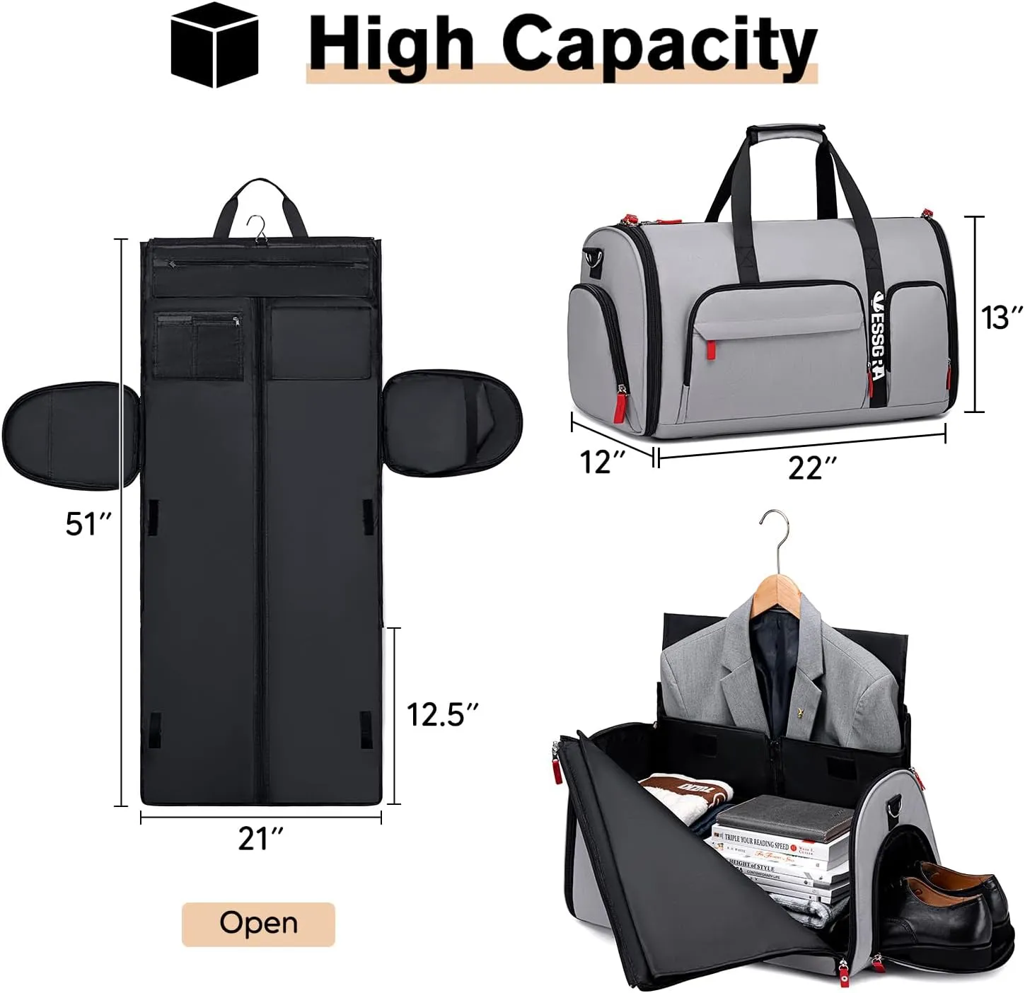Rolling Garment Bags for Travel, Garment Bag with Wheels, Convertible Garment Duffel bag, Carry On Garment Bag with Shoe Compartment, Rolling Duffel Bag with Detachable Trolley System-Grey