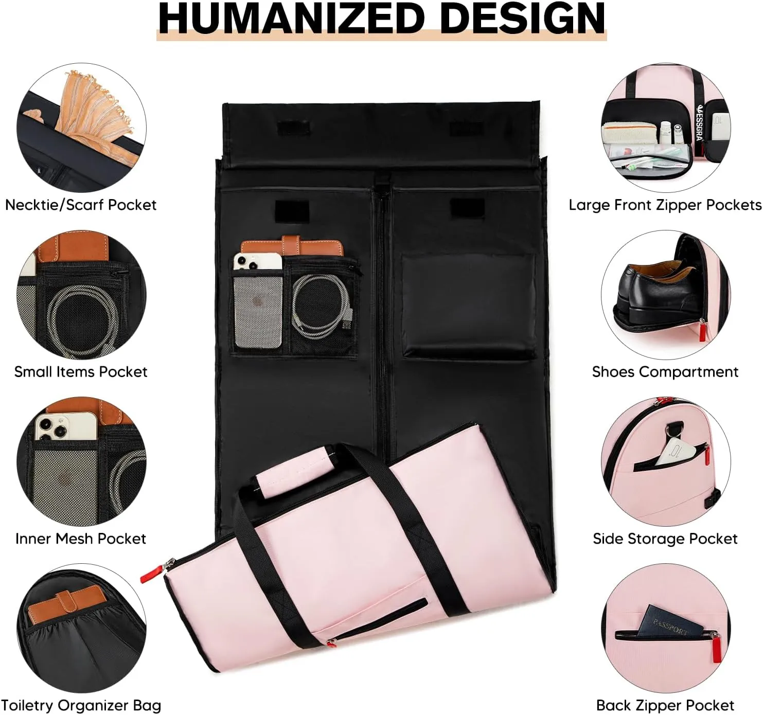 Rolling Garment Bags for Travel, Garment Bag with Wheels, Convertible Garment Duffel bag, Carry On Garment Bag with Shoe Compartment, Rolling Duffel Bag with Detachable Trolley System-Pink