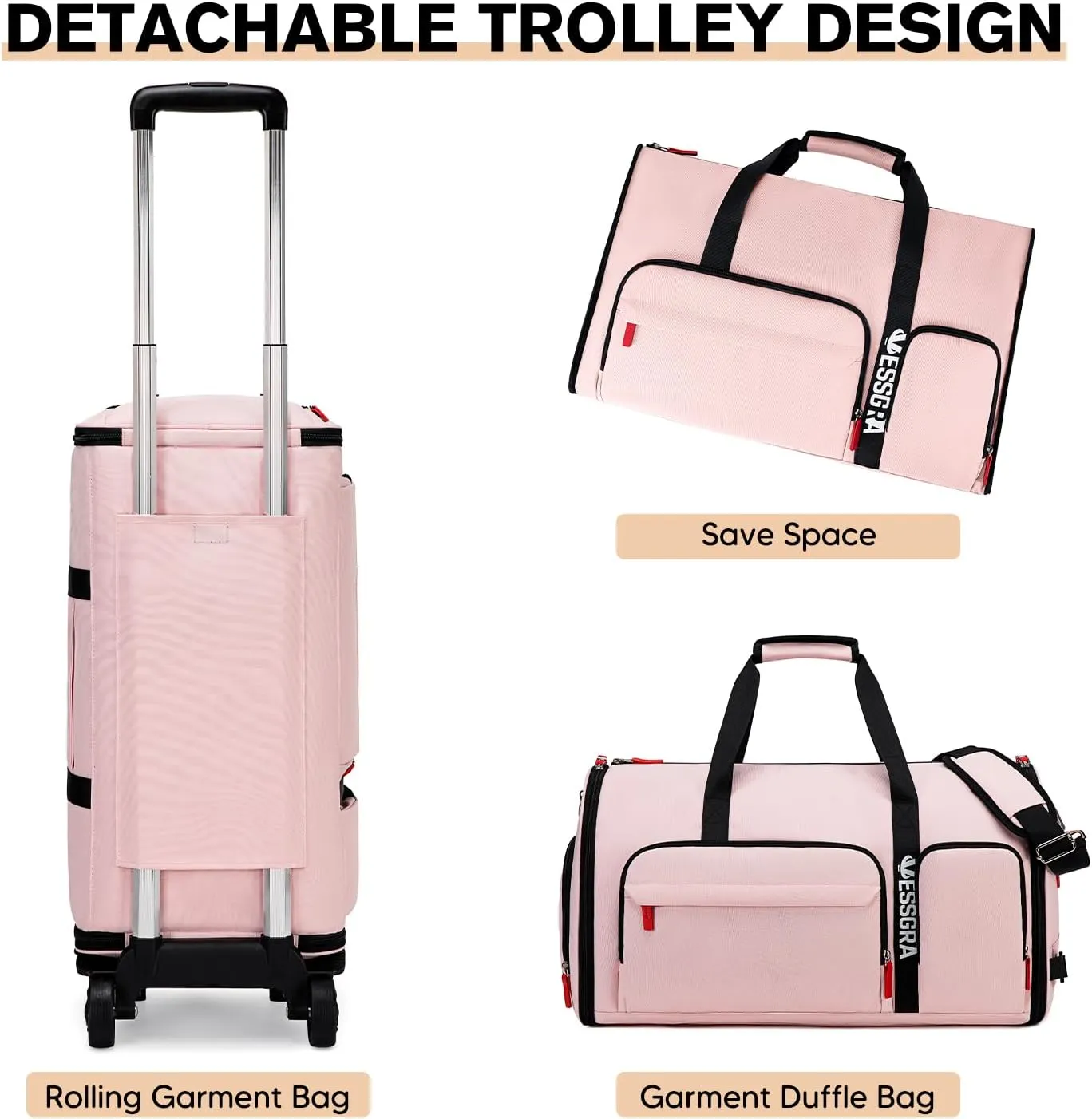 Rolling Garment Bags for Travel, Garment Bag with Wheels, Convertible Garment Duffel bag, Carry On Garment Bag with Shoe Compartment, Rolling Duffel Bag with Detachable Trolley System-Pink