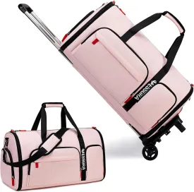 Rolling Garment Bags for Travel, Garment Bag with Wheels, Convertible Garment Duffel bag, Carry On Garment Bag with Shoe Compartment, Rolling Duffel Bag with Detachable Trolley System-Pink