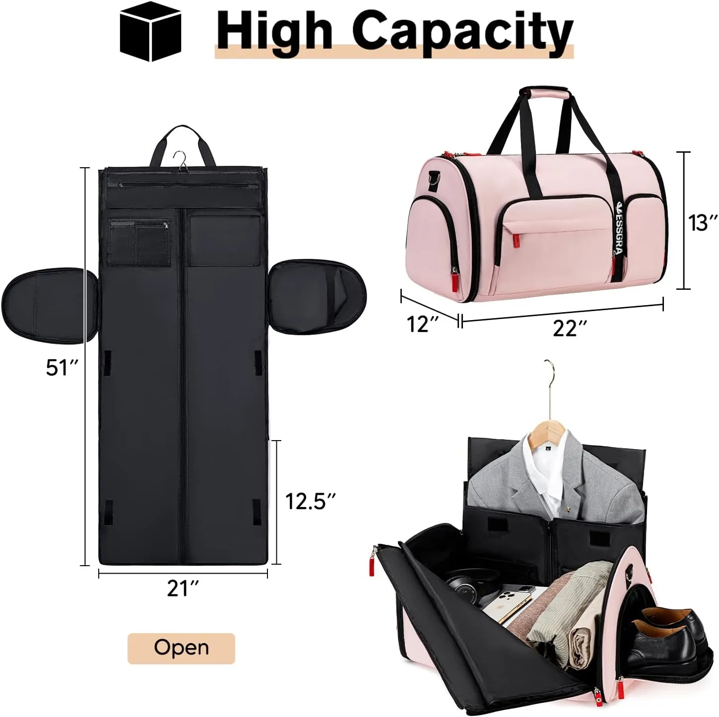 Rolling Garment Bags for Travel, Garment Bag with Wheels, Convertible Garment Duffel bag, Carry On Garment Bag with Shoe Compartment, Rolling Duffel Bag with Detachable Trolley System-Pink