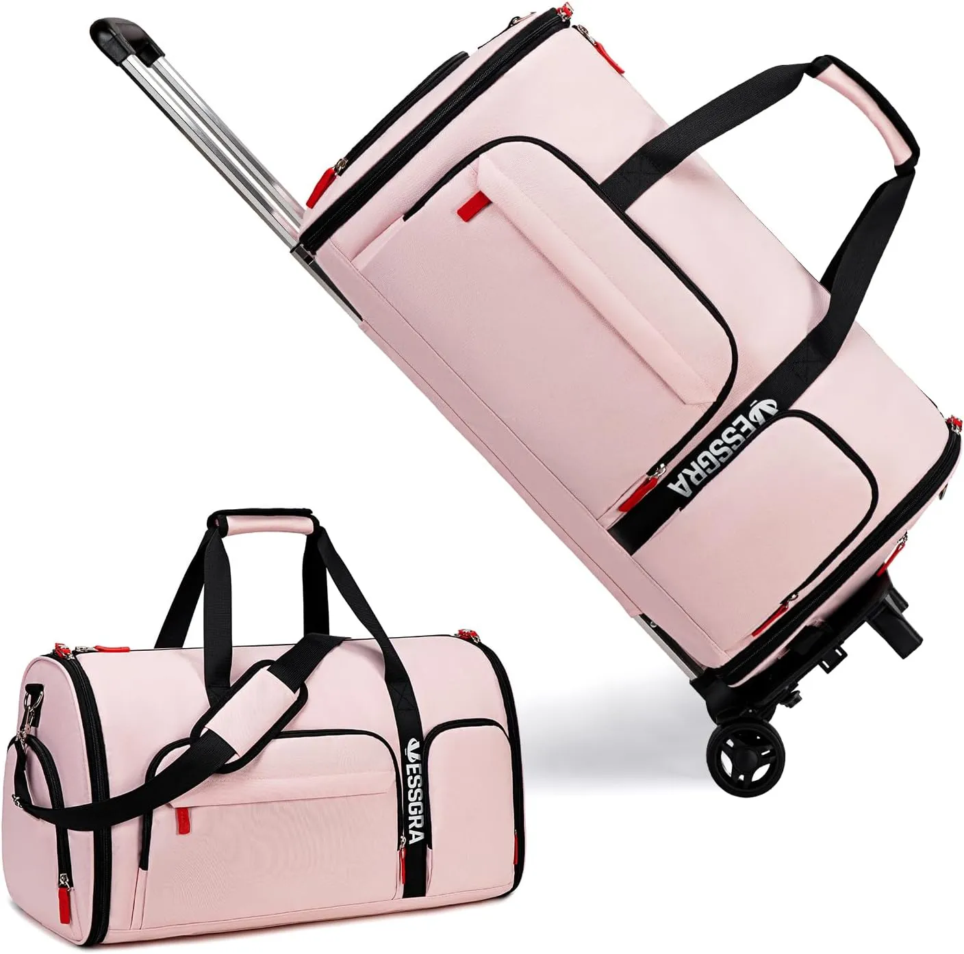 Rolling Garment Bags for Travel, Garment Bag with Wheels, Convertible Garment Duffel bag, Carry On Garment Bag with Shoe Compartment, Rolling Duffel Bag with Detachable Trolley System-Pink