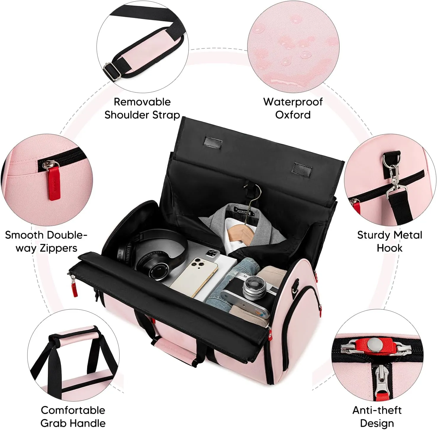 Rolling Garment Bags for Travel, Garment Bag with Wheels, Convertible Garment Duffel bag, Carry On Garment Bag with Shoe Compartment, Rolling Duffel Bag with Detachable Trolley System-Pink