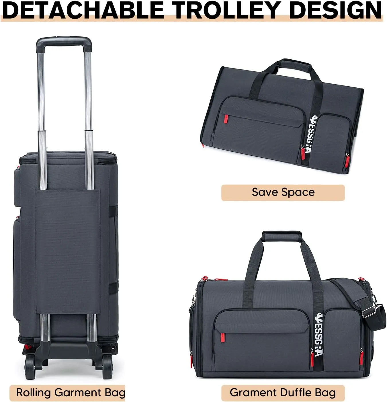 Rolling Garment Bags for Travel, Garment Bag with Wheels, Convertible Garment Duffel bag, Carry On Garment Bag with Shoe Pouch, Rolling Duffel Bag with Detachable Trolley System-Dark Grey