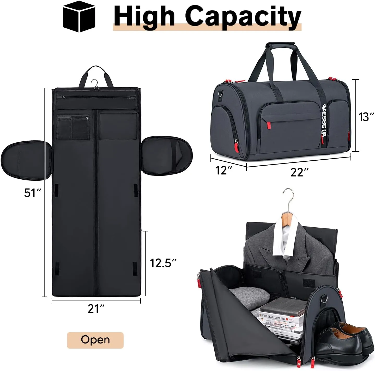 Rolling Garment Bags for Travel, Garment Bag with Wheels, Convertible Garment Duffel bag, Carry On Garment Bag with Shoe Pouch, Rolling Duffel Bag with Detachable Trolley System-Dark Grey