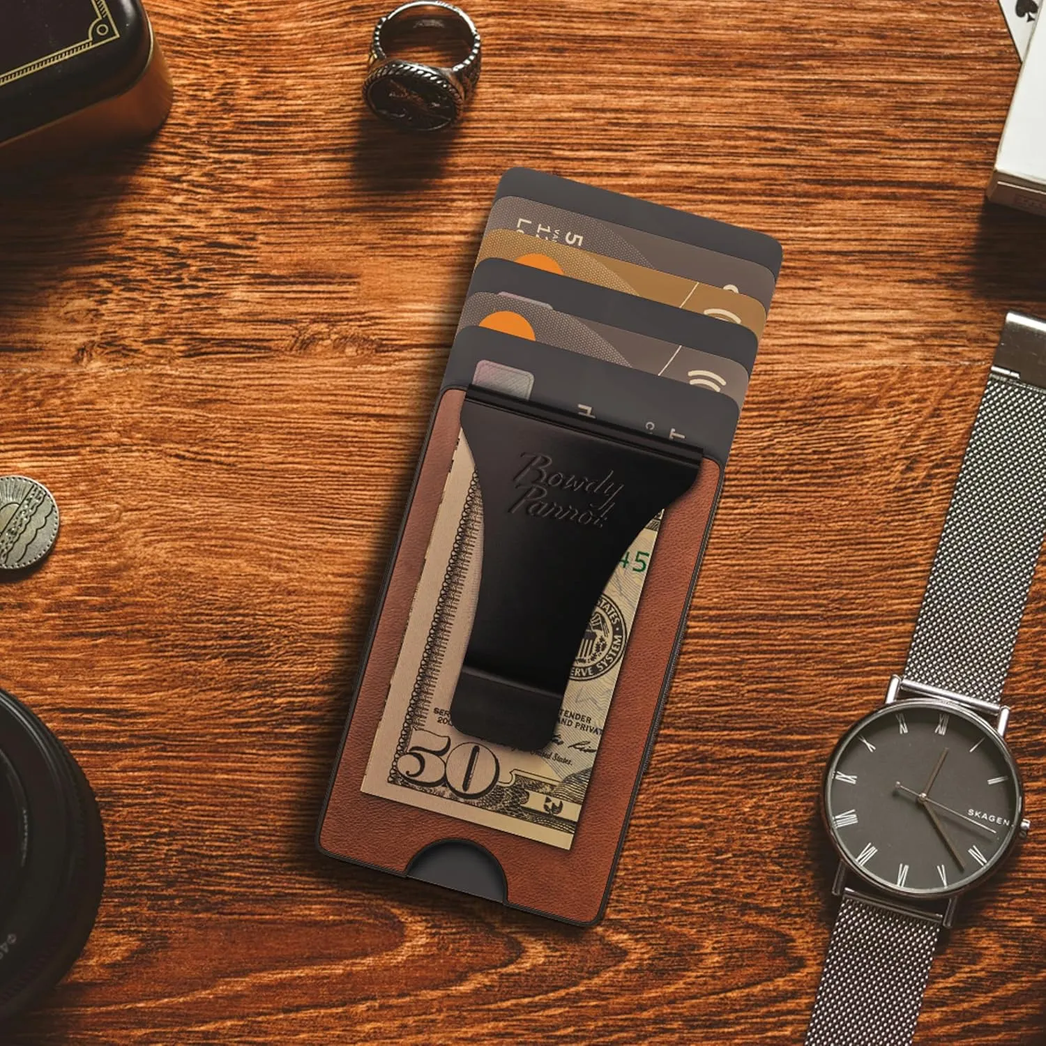Rowdy Parrot ElasTech Tactical Wallets for Men - RFID Blocking - CNC Machined - Top Grain Leather and Aerospace Grade Aluminum - Slim Minimalist Money Clip Wallet - Gift Box Included - USA Owned