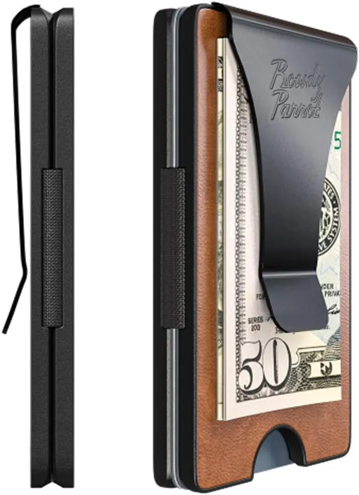 Rowdy Parrot ElasTech Tactical Wallets for Men - RFID Blocking - CNC Machined - Top Grain Leather and Aerospace Grade Aluminum - Slim Minimalist Money Clip Wallet - Gift Box Included - USA Owned