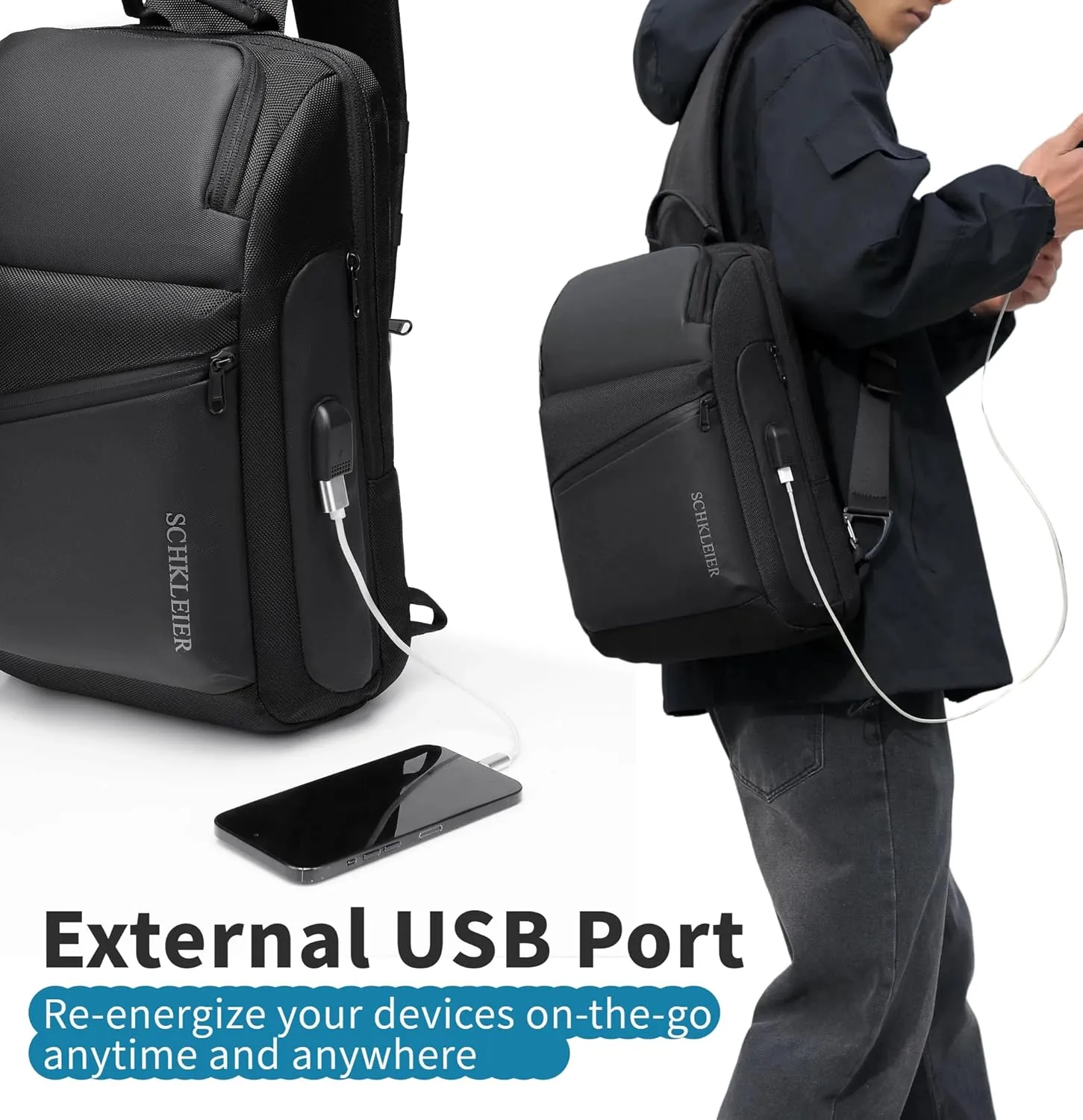 Schkleier Anti-theft Crossbody Bag Laptop Messenger Backpack for Men Women, Fits 13 Inch Computer, with USB Charging Port, For Business Travel Daily
