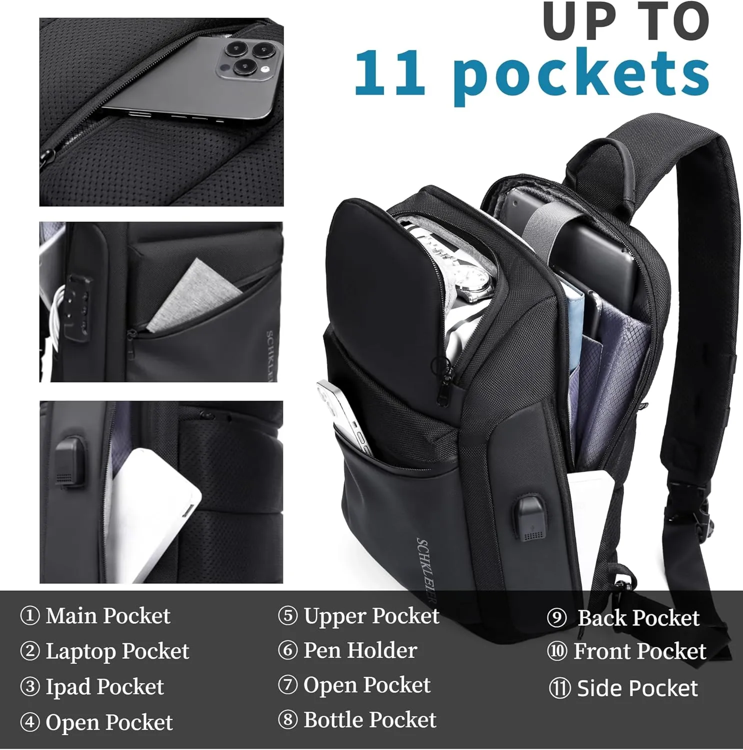 Schkleier Anti-theft Crossbody Bag Laptop Messenger Backpack for Men Women, Fits 13 Inch Computer, with USB Charging Port, For Business Travel Daily