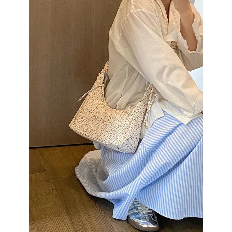 Sohiwoo Fairycore Floral Canvas Shoulder Bags Women Harajuku Drawstring Chic Casual Handbag Female Sweet Cute Messenger Bag Y2k