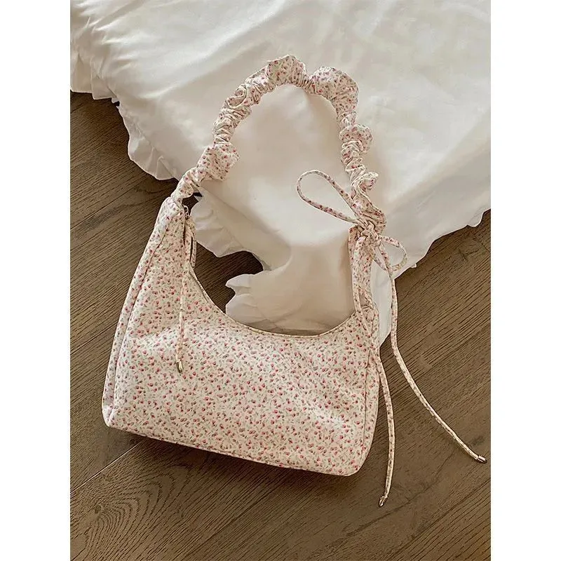 Sohiwoo Fairycore Floral Canvas Shoulder Bags Women Harajuku Drawstring Chic Casual Handbag Female Sweet Cute Messenger Bag Y2k