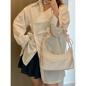 Sohiwoo Fairycore Floral Canvas Shoulder Bags Women Harajuku Drawstring Chic Casual Handbag Female Sweet Cute Messenger Bag Y2k