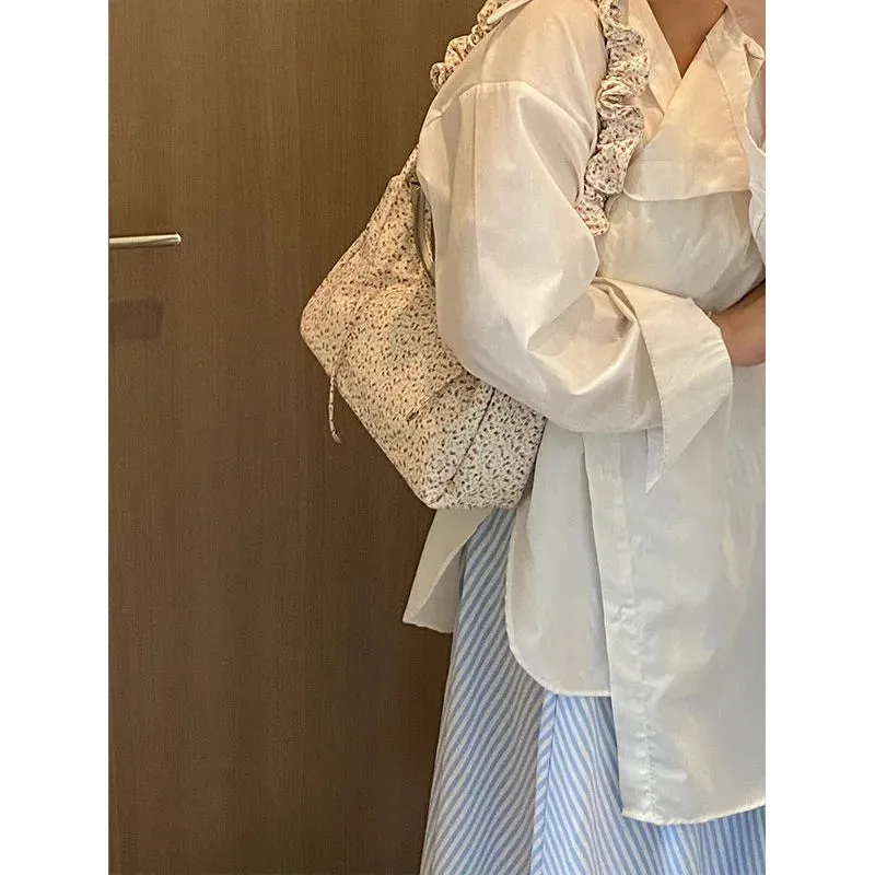 Sohiwoo Fairycore Floral Canvas Shoulder Bags Women Harajuku Drawstring Chic Casual Handbag Female Sweet Cute Messenger Bag Y2k