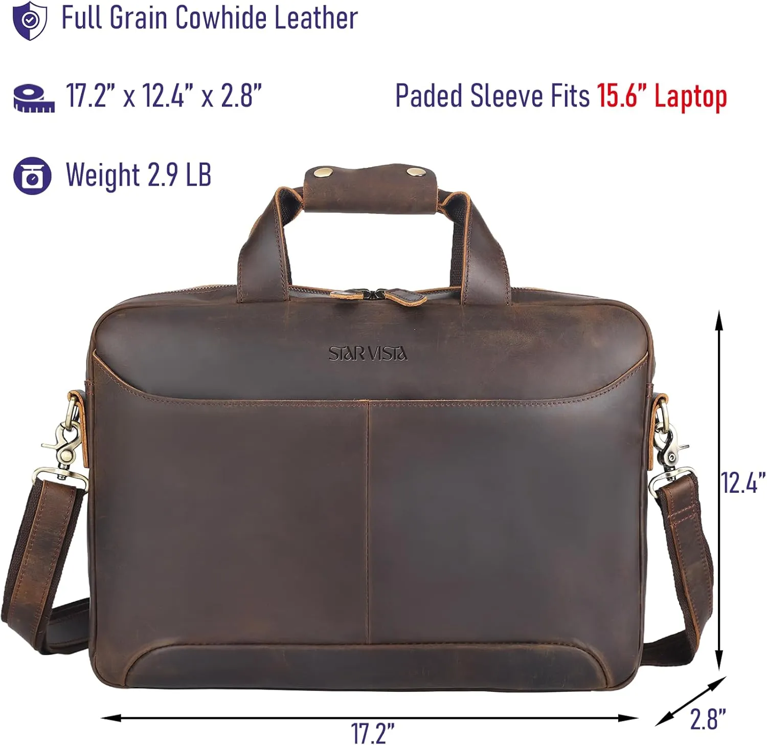 STAR VISTA Vittorio Slim Laptop Messenger Bag, 15.6" Full Grain Leather Business Briefcase for Men, Dark Brown, YKK Zippers