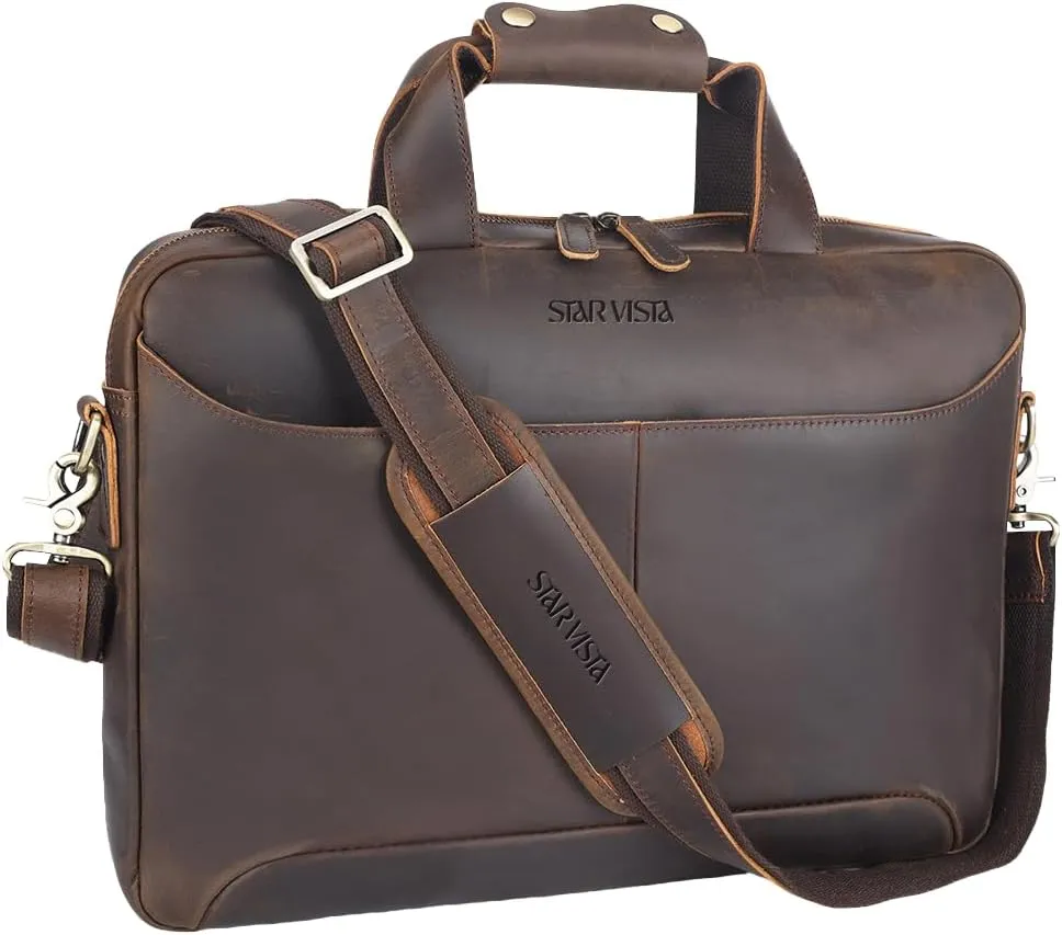 STAR VISTA Vittorio Slim Laptop Messenger Bag, 15.6" Full Grain Leather Business Briefcase for Men, Dark Brown, YKK Zippers
