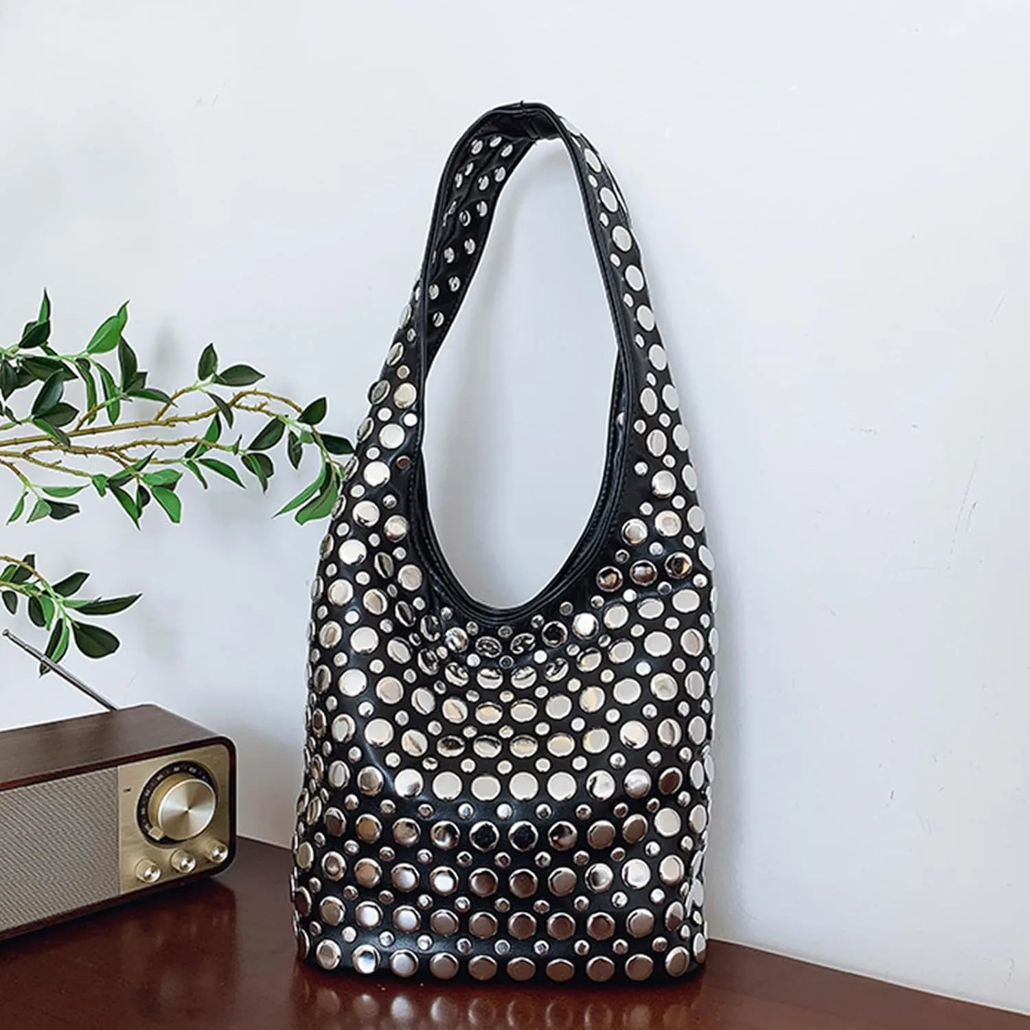 Stylish Studded Hobo Bag, Y2K Purse with Magnetic Closure, Mid-Sized Bucket HandbagDaily matching use