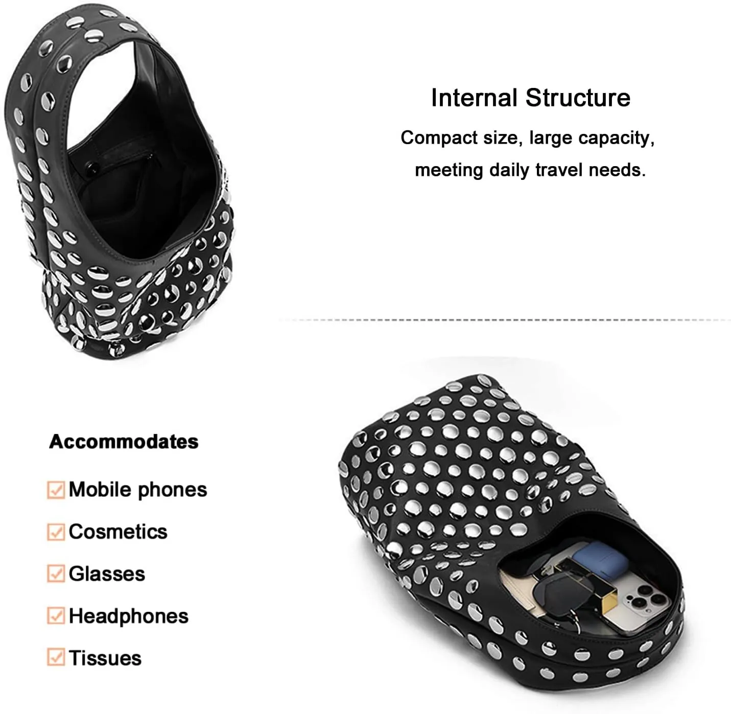 Stylish Studded Hobo Bag, Y2K Purse with Magnetic Closure, Mid-Sized Bucket HandbagDaily matching use