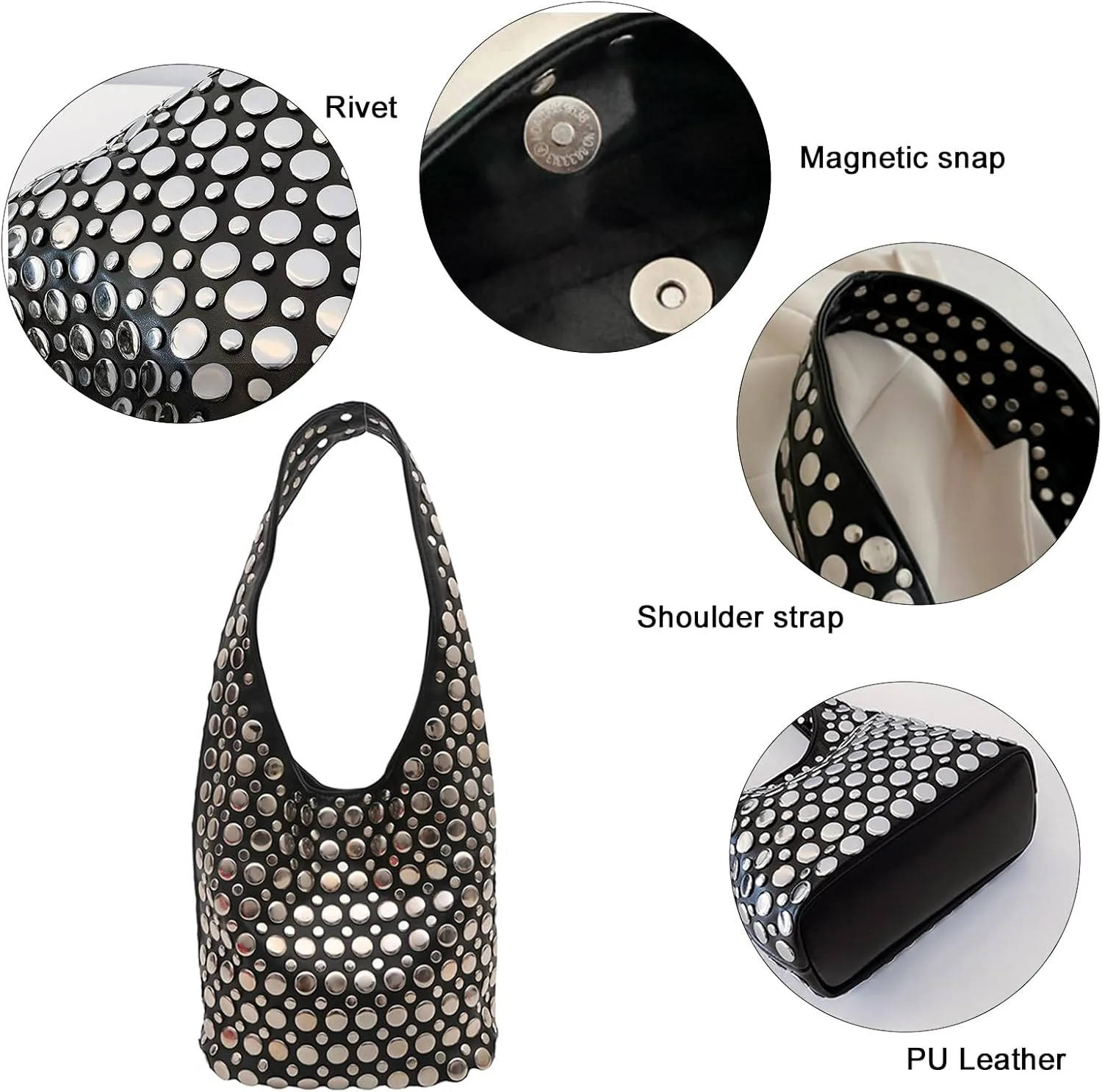Stylish Studded Hobo Bag, Y2K Purse with Magnetic Closure, Mid-Sized Bucket HandbagDaily matching use