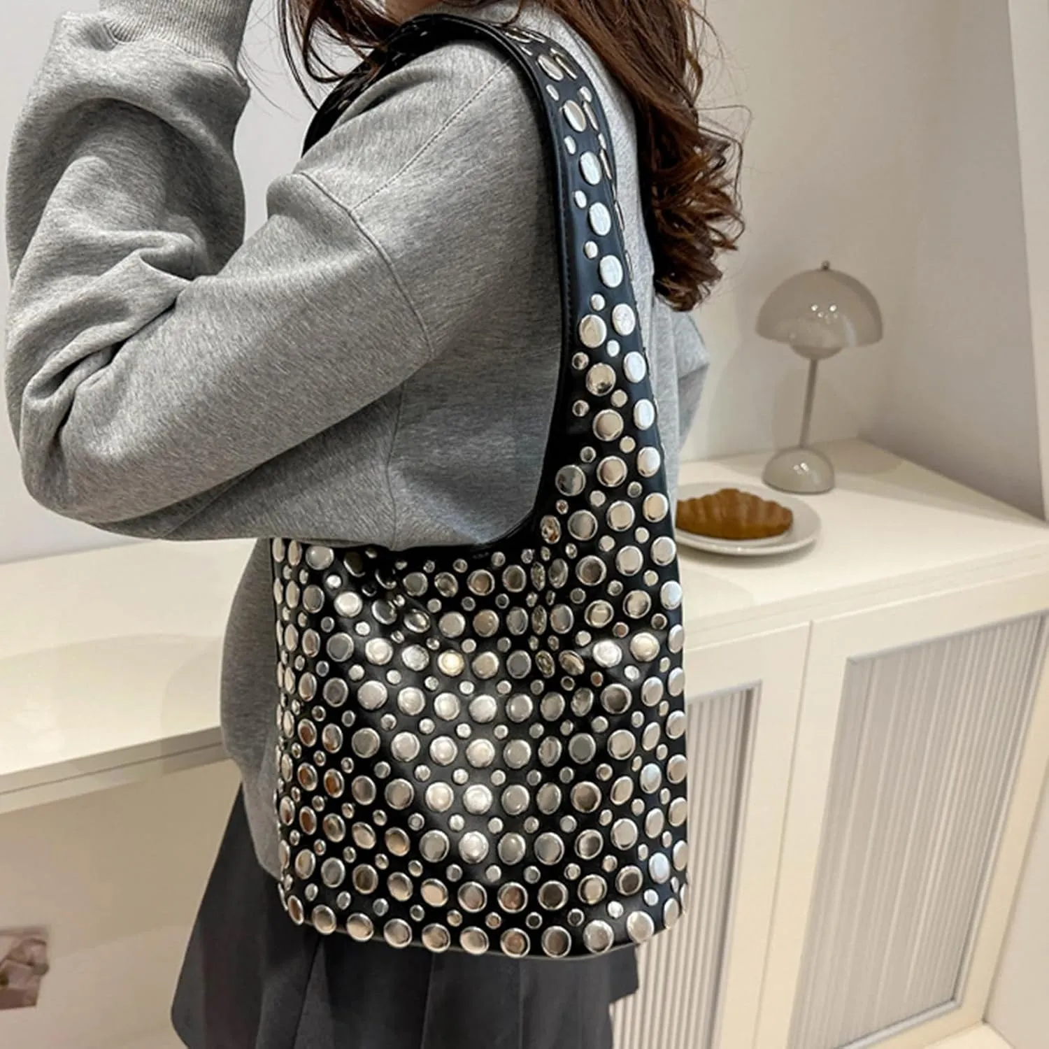 Stylish Studded Hobo Bag, Y2K Purse with Magnetic Closure, Mid-Sized Bucket HandbagDaily matching use