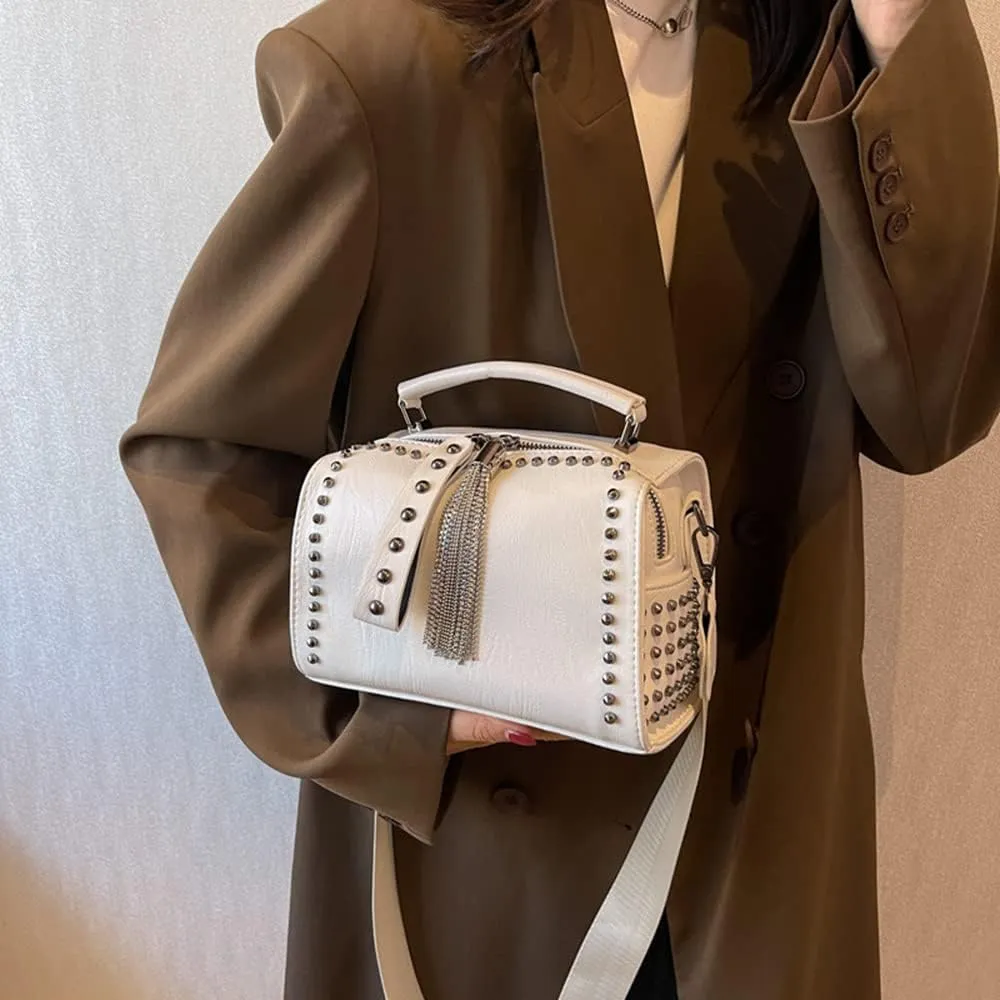 Stylish Women Barrel Tote Bag - Double Zipper Satchel Handbag - Leather Crossbody Shoulder Bag