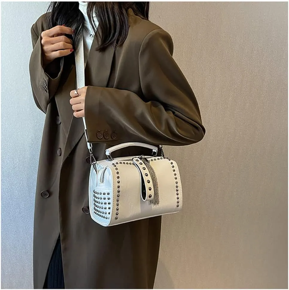 Stylish Women Barrel Tote Bag - Double Zipper Satchel Handbag - Leather Crossbody Shoulder Bag