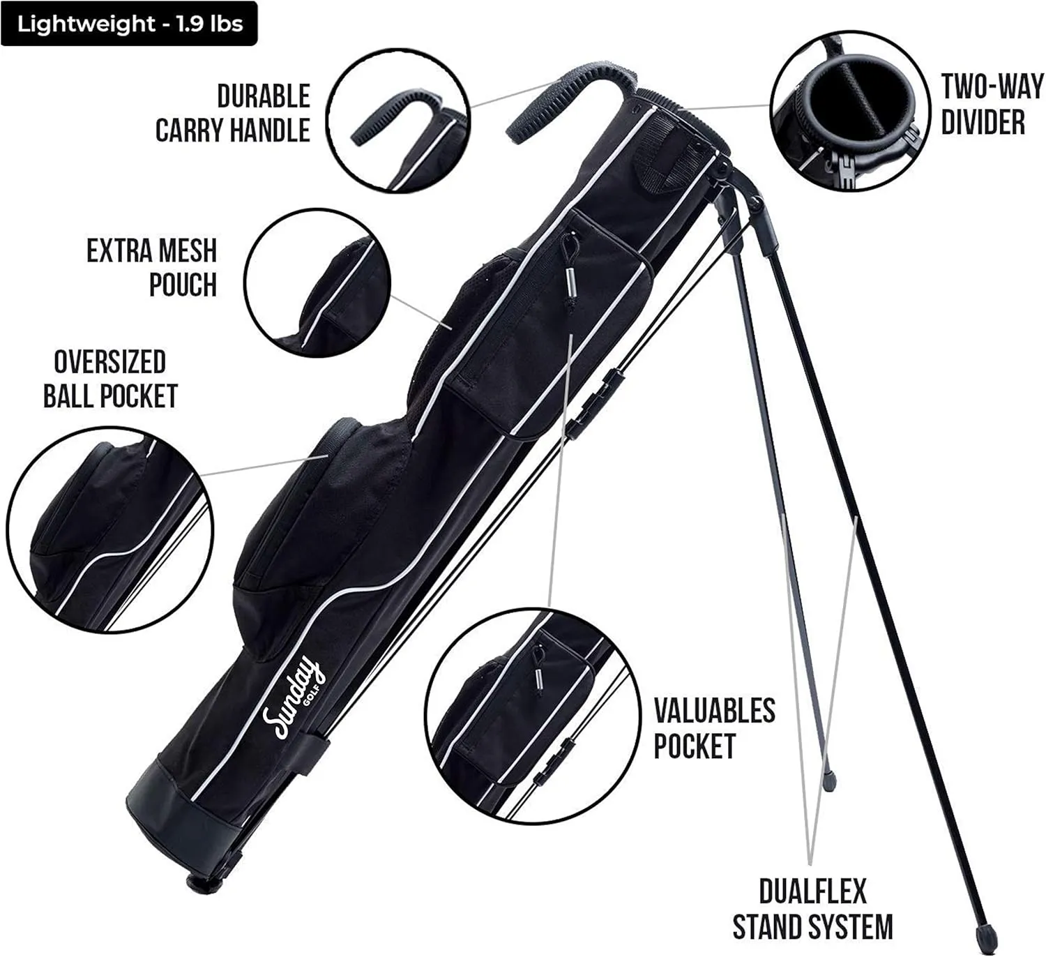 Sunday Golf - Lightweight Sunday Golf Bag with Strap and Stand  Easy to Carry and Durable Pitch n Putt Golf Bag  Golf Stand Bag for The Driving Range, Par 3 and Executive Courses  31.5 inches Tall