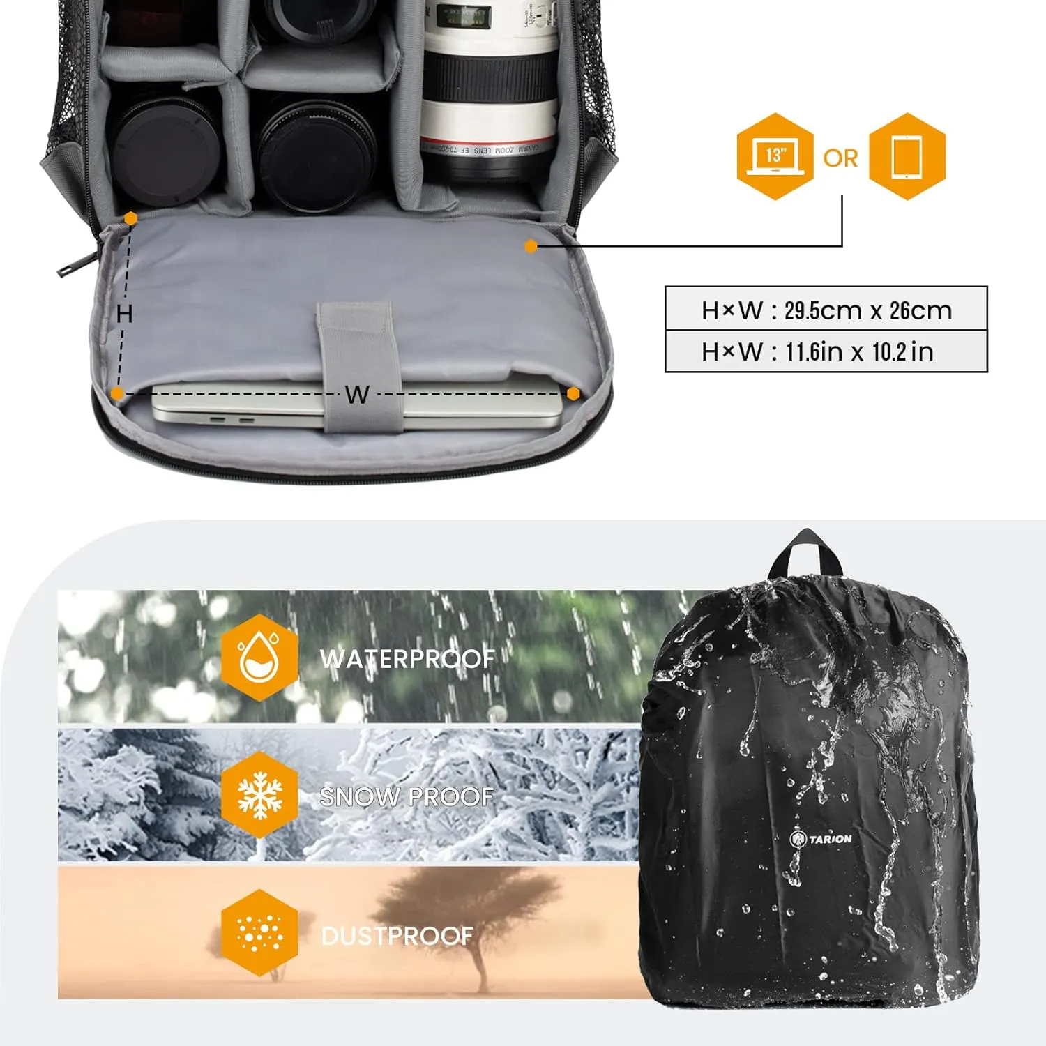 TARION Camera Backpack Bag Small - Professional DSLR Camera Bag with Waterproof Rain Cover Laptop Compartment Photograhy Backpack Case Black TB-S