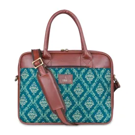 THE CLOWNFISH Deborah series 15.6 inch Laptop Bag For Women Printed Handicraft Fabric & Faux Leather Office Bag Briefcase Messenger Sling Handbag Business Bag (Blue)